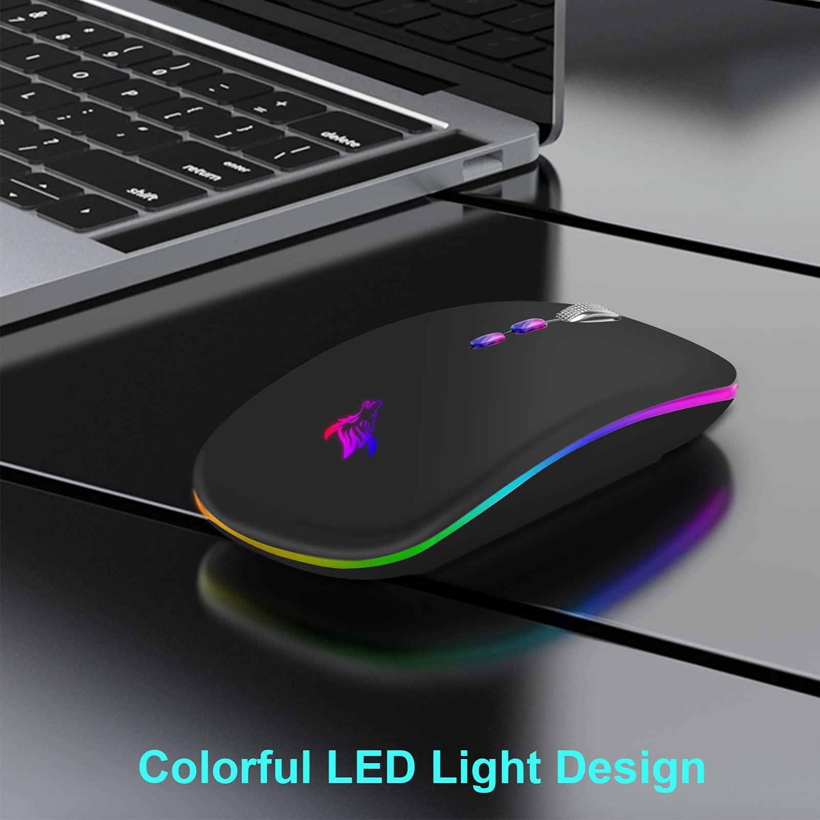 Hotlife Slim Rechargeable Wireless Mouse - Silent LED Optical 2.4G/Bluetooth Dual Mode Computer Mouse with USB Receiver & Type C Adapter (Black) for Office, Gaming & Travel Use