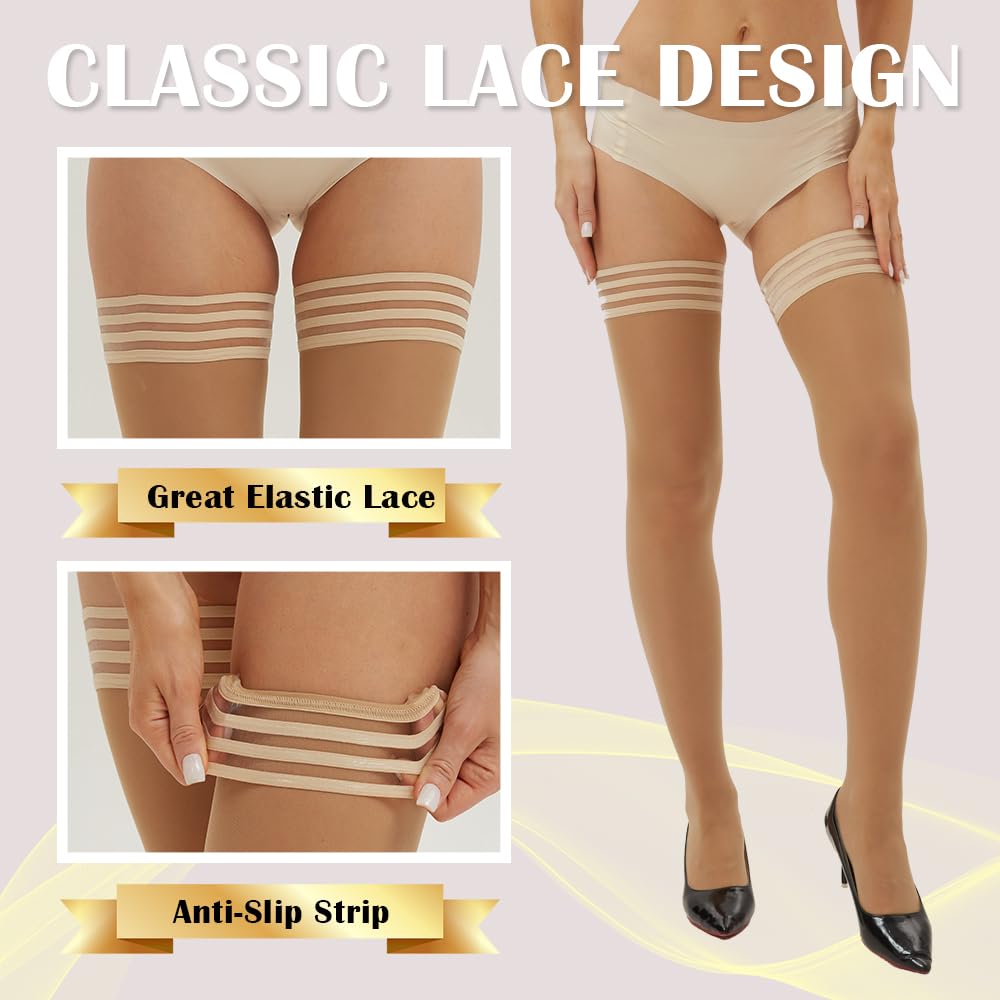 Ultra Strong Thigh High Stockings for Women - 40D Semi-Sheer Stay-Up Silicone Band Nylon Pantyhose | Perfect for Office, Party & Everyday Wear