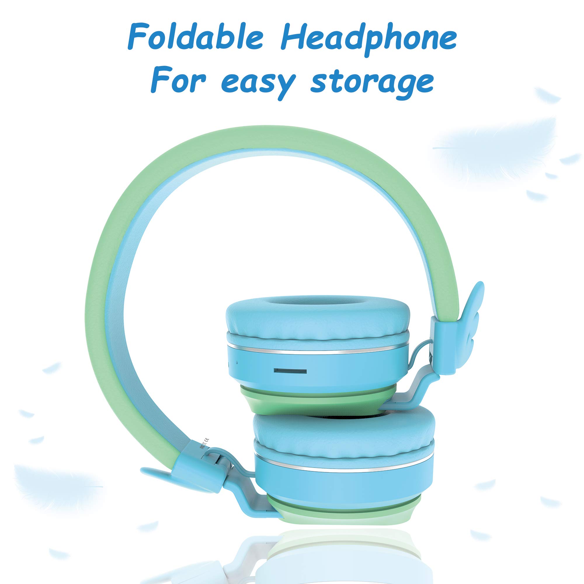 Riwbox BT05 Wireless Bluetooth Kids Headphones - Foldable Over-Ear Headset with Volume Limiter, Built-in Mic & TF Card Slot - Compatible with iPad, iPhone, Tablet (Green & Blue) - Perfect for Online Learning, Travel & Home Entertainment