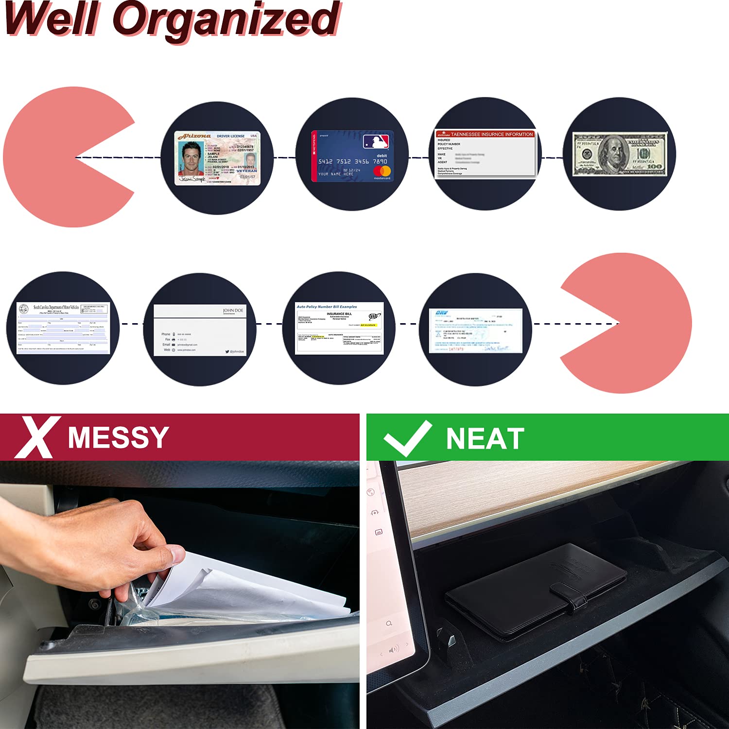 RSAquar Leather Car Registration & Insurance Holder - Waterproof Glove Box Organizer for ID Cards, Driver's License & Documents - Universal Car Accessories for Men & Women (Black) - Perfect for Road Trips & Daily Commuting