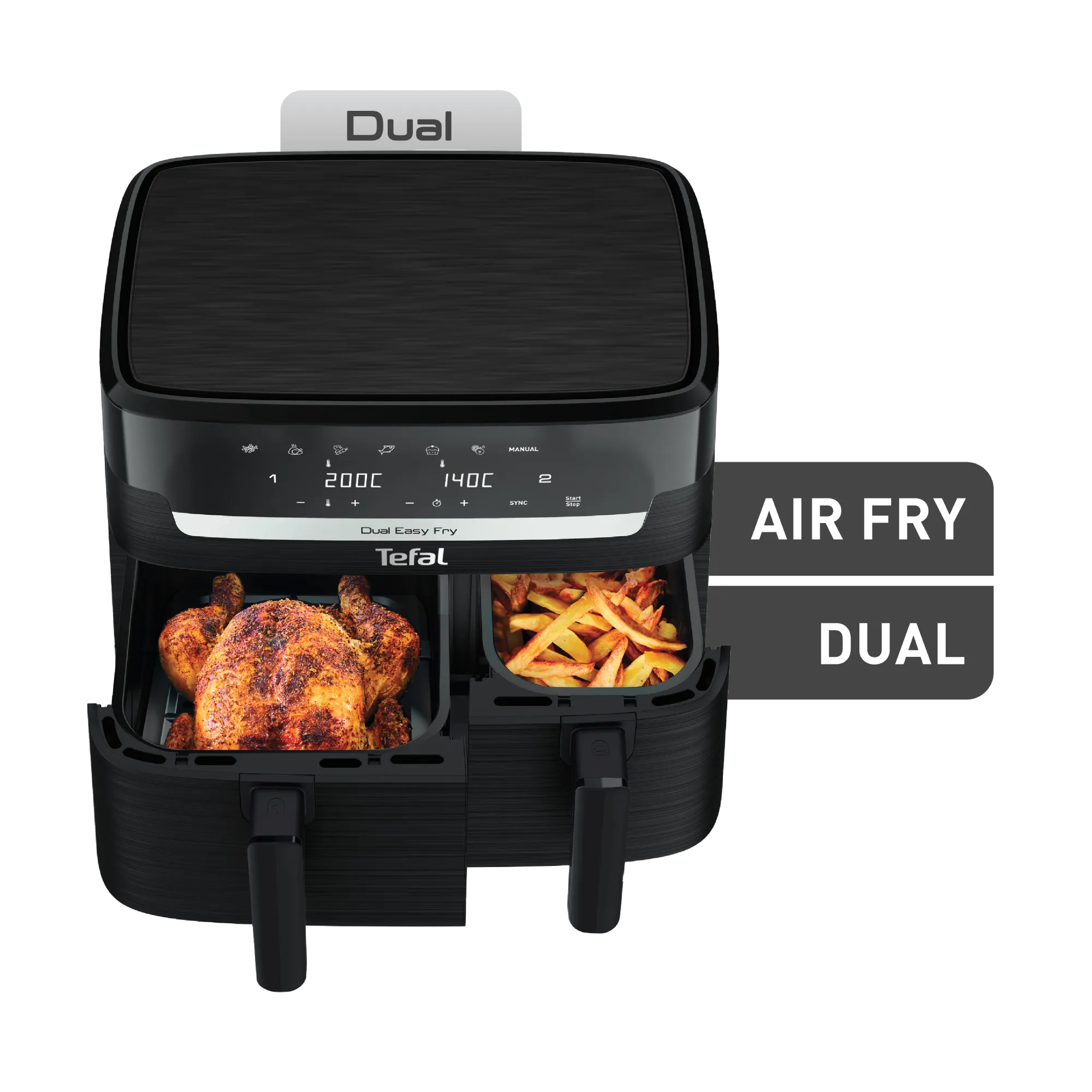 Tefal Dual Easy Fry Essential XXL Air Fryer - 8.2L Capacity, 2000W, Black (EY901N) | Healthy Oil-Free Cooking for Family Meals, Snacks & Party Food