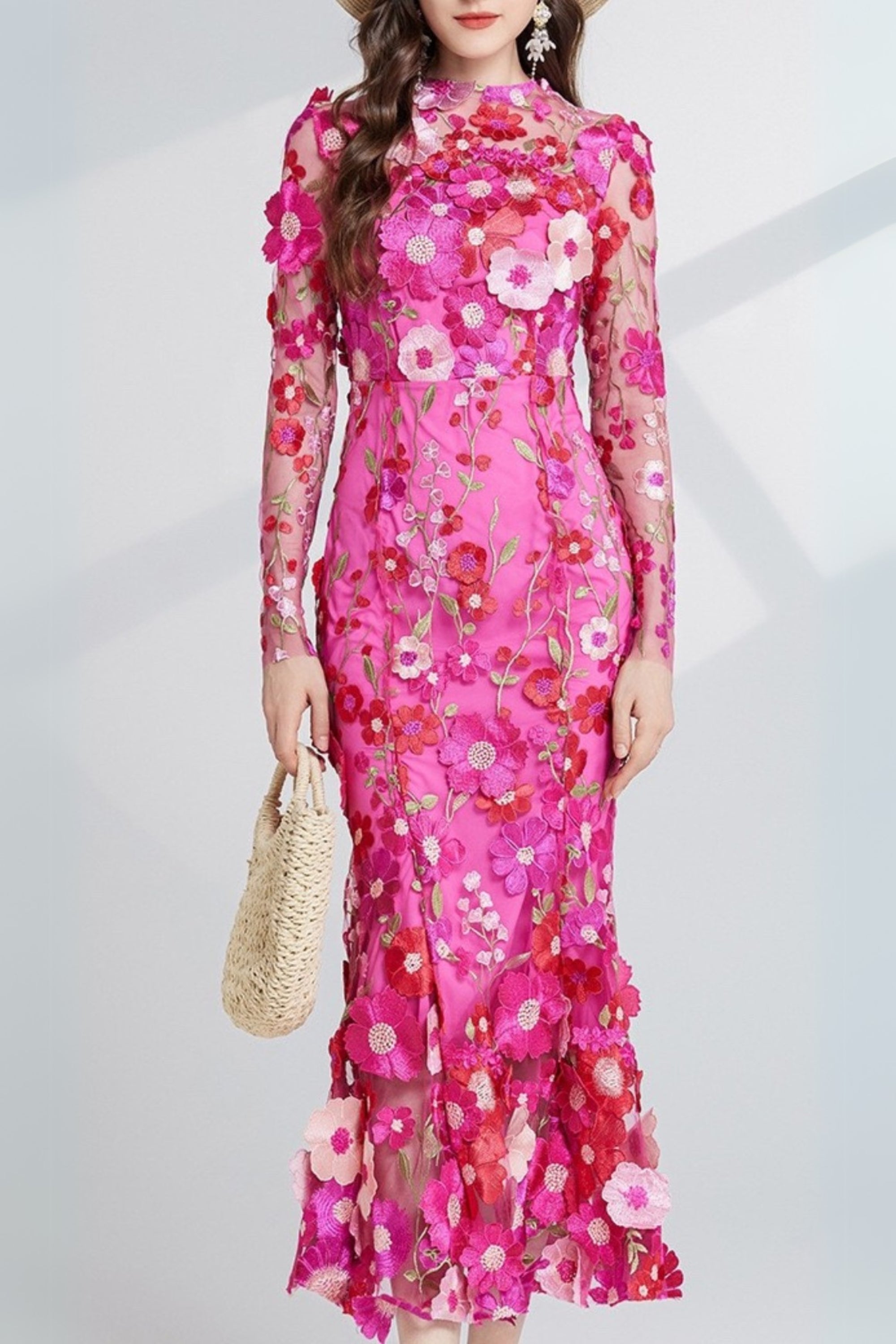 Carol Rose Red Floral Embroidered Mesh Long Sleeve Midi Dress - Elegant Party, Wedding Guest & Spring Occasion Wear