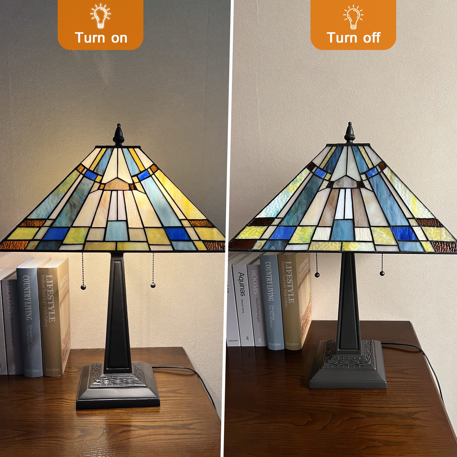 Tiffany Style Table Lamp - 16 Inch Rustic Mission Stained Glass Desk Lamp with 2 Lights in Green & Blue, Perfect for Bedroom, Living Room, and Home Office | Elegant Reading & Ambient Lighting