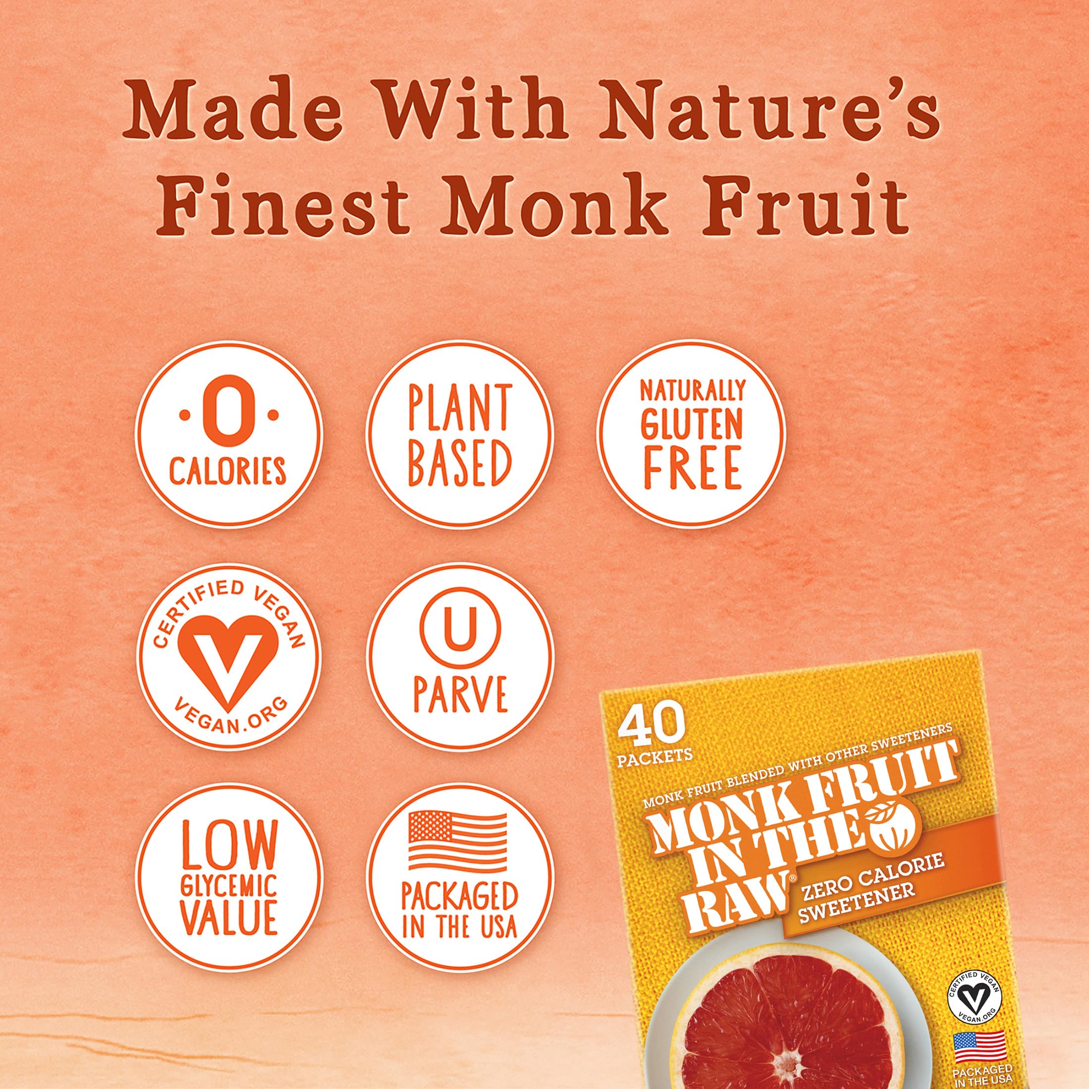 MONK FRUIT IN THE RAW - Natural Monk Fruit Sweetener, Sugar-Free, Gluten-Free, Zero Calorie, Vegan Sugar Substitute, 40 Count Packets (Pack of 8) - Perfect for Coffee, Tea, Baking & Keto Diet