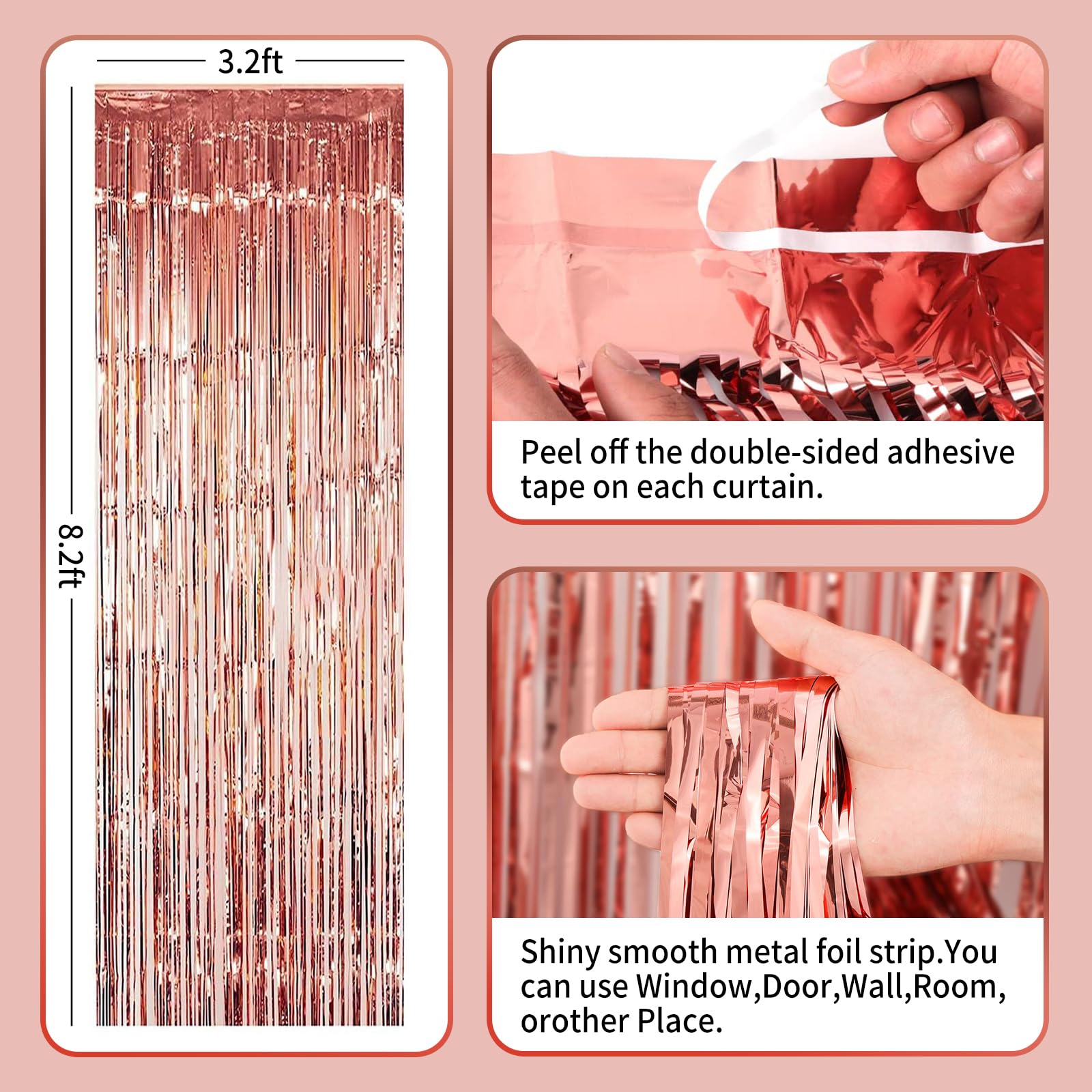 3 Pack Rose Gold Metallic Foil Fringe Curtains & Tinsel Streamers - Elegant Party Decor for Bachelorette, Birthday, Graduation & Baby Shower - Perfect for Photo Backdrops, Wall Decor & Event Styling