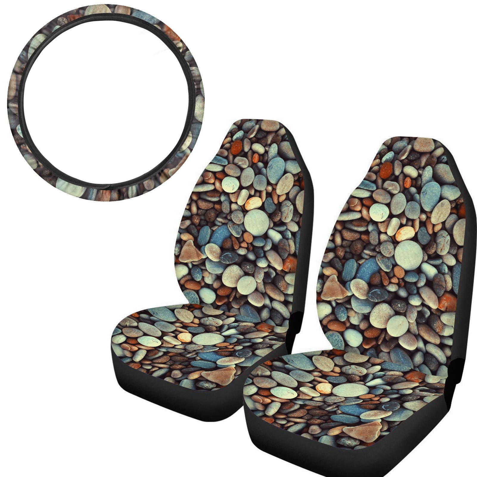 Dreaweet Cobblestones Print 3-Piece Car Seat Protector & Steering Wheel Cover Set - Universal Fit for SUV, Van, Sedan - Protect Your Car Interior from Wear & Sun Damage
