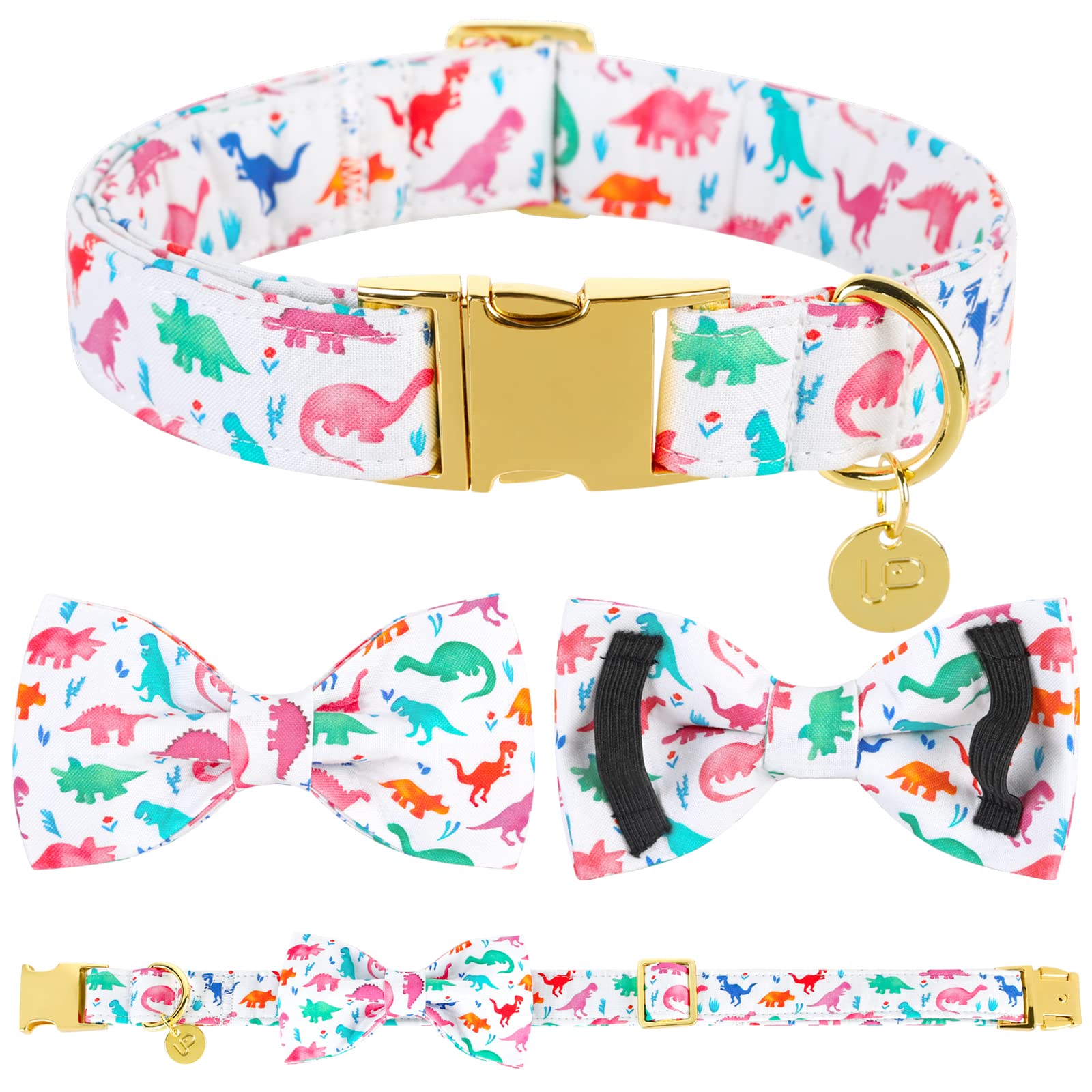 Dinosaur Bow Tie Dog Collar - Adjustable Cotton Pet Collar with Metal Buckle for Puppies, Dogs & Cats (XS) - Perfect for Parties, Weddings & Special Occasions