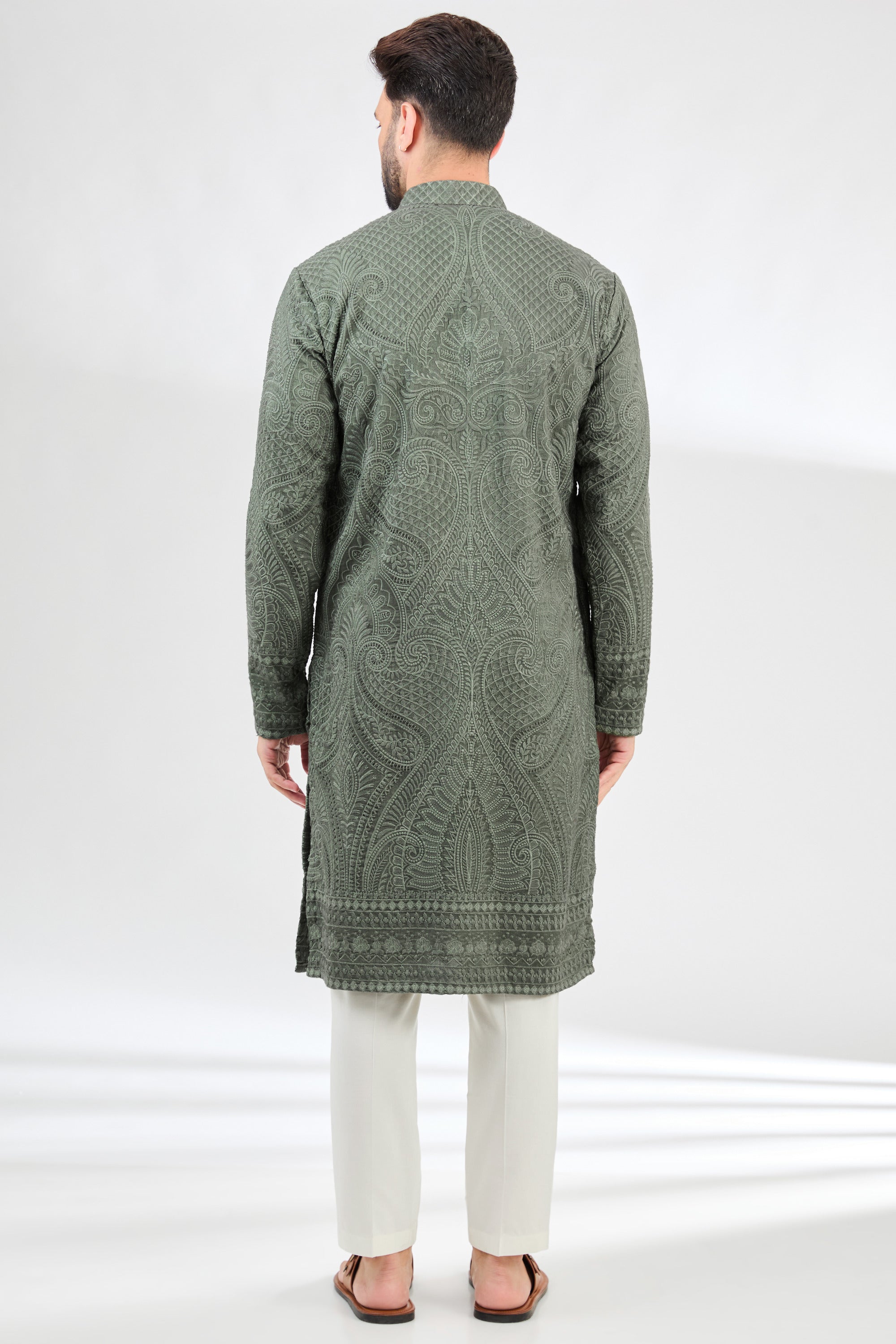 Military Green Kashmiri Embroidered Chikankari Kurta for Women - Traditional Indian Handcrafted Tunic - Perfect for Festivals, Weddings & Ethnic Occasions