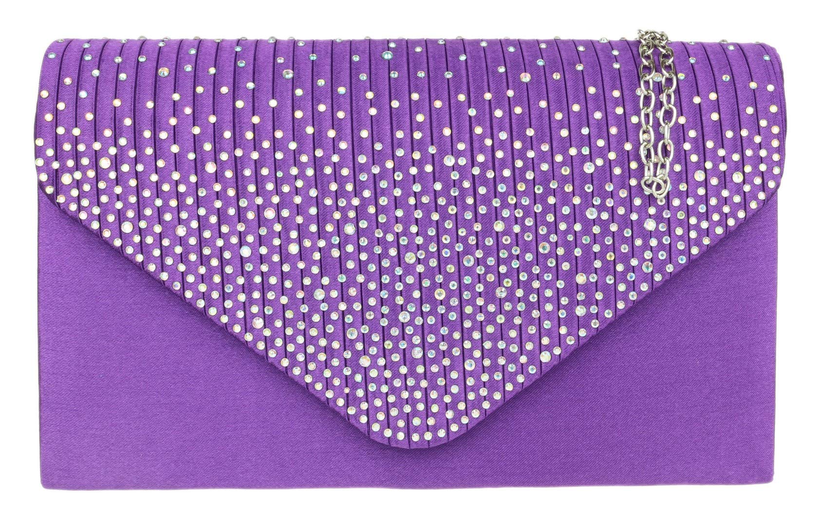 Elegant Pleated Satin Clutch Bag with Diamante Shoulder Chain - Women's Formal Evening Purse for Prom, Wedding & Special Occasions