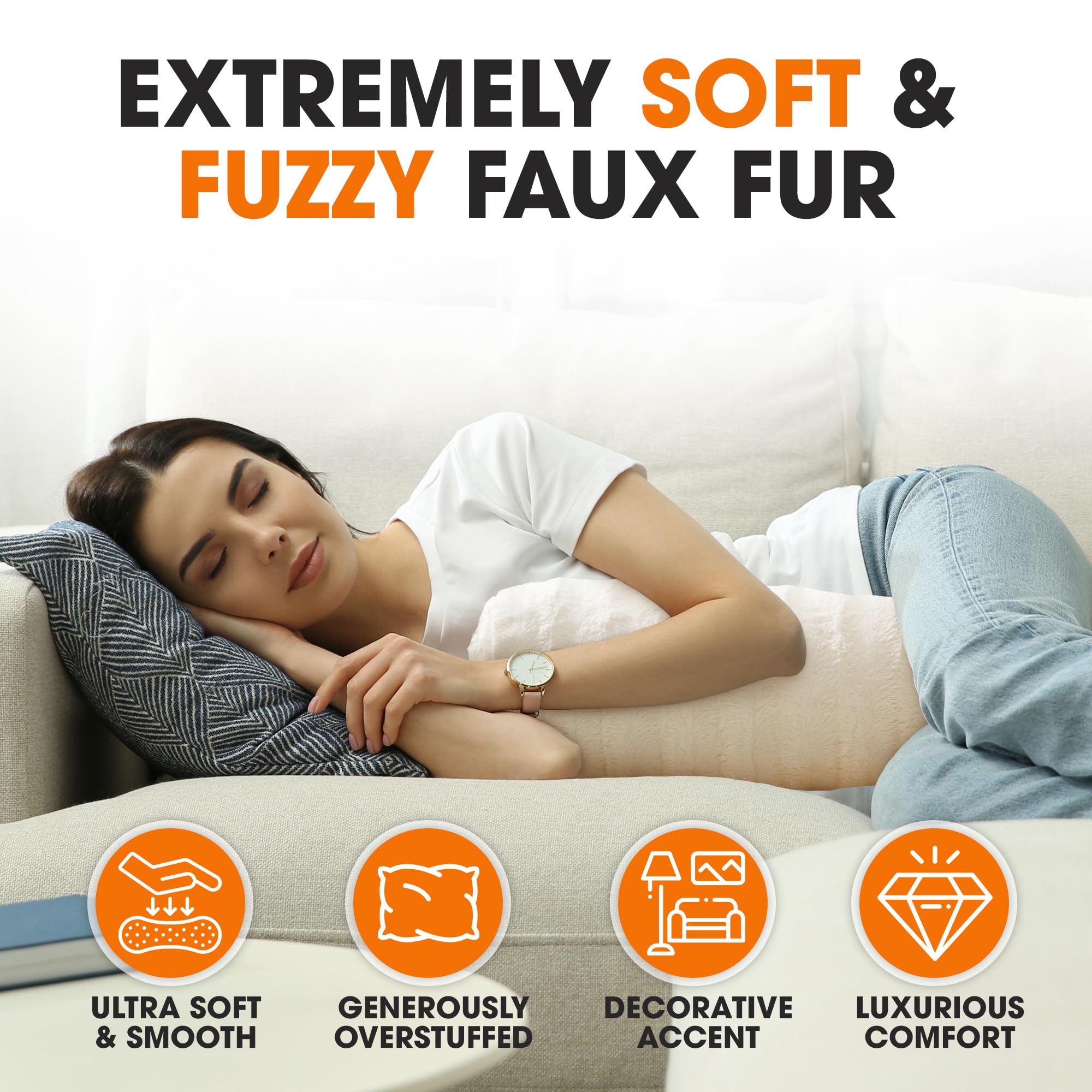 Cheer Collection Faux Fur Cylinder Pillows - Soft Decorative Bolster Pillows for Bed & Couch - Machine Washable White Throw Pillows (8” x 24”, 2pk) - Perfect for Living Room Decor, Bedroom Accent & Sofa Styling