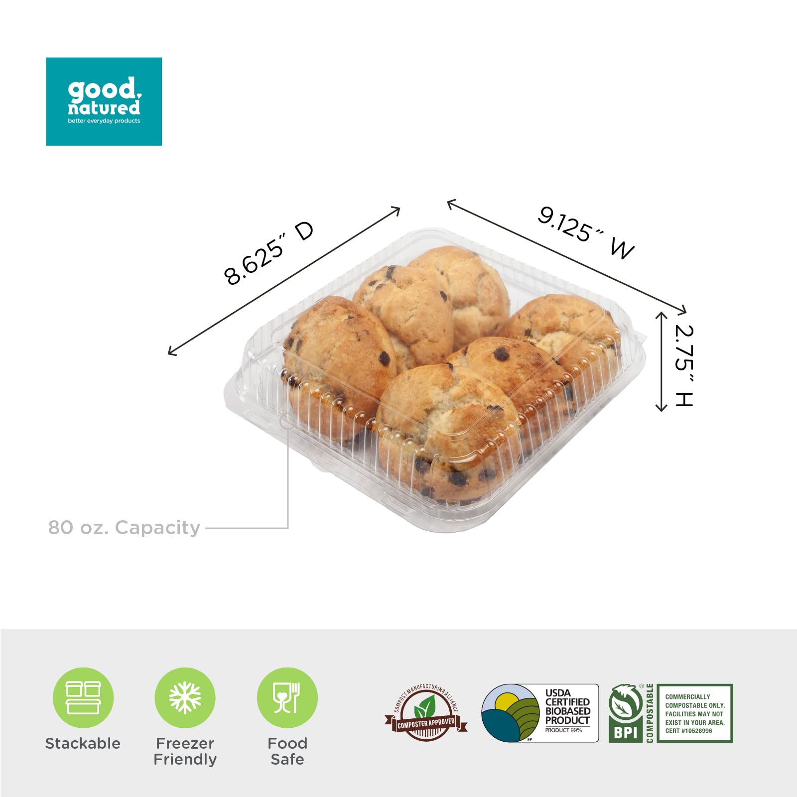 Eco-Friendly 175-Pack of 8x8x3 Inch Square 80 oz Clear Food Storage Containers - 99% Plant-Based BPA-Free Hinged Lid Containers for Meal Prep, Leftovers & Bulk Food Storage | Sustainable Kitchen & Pantry Organization