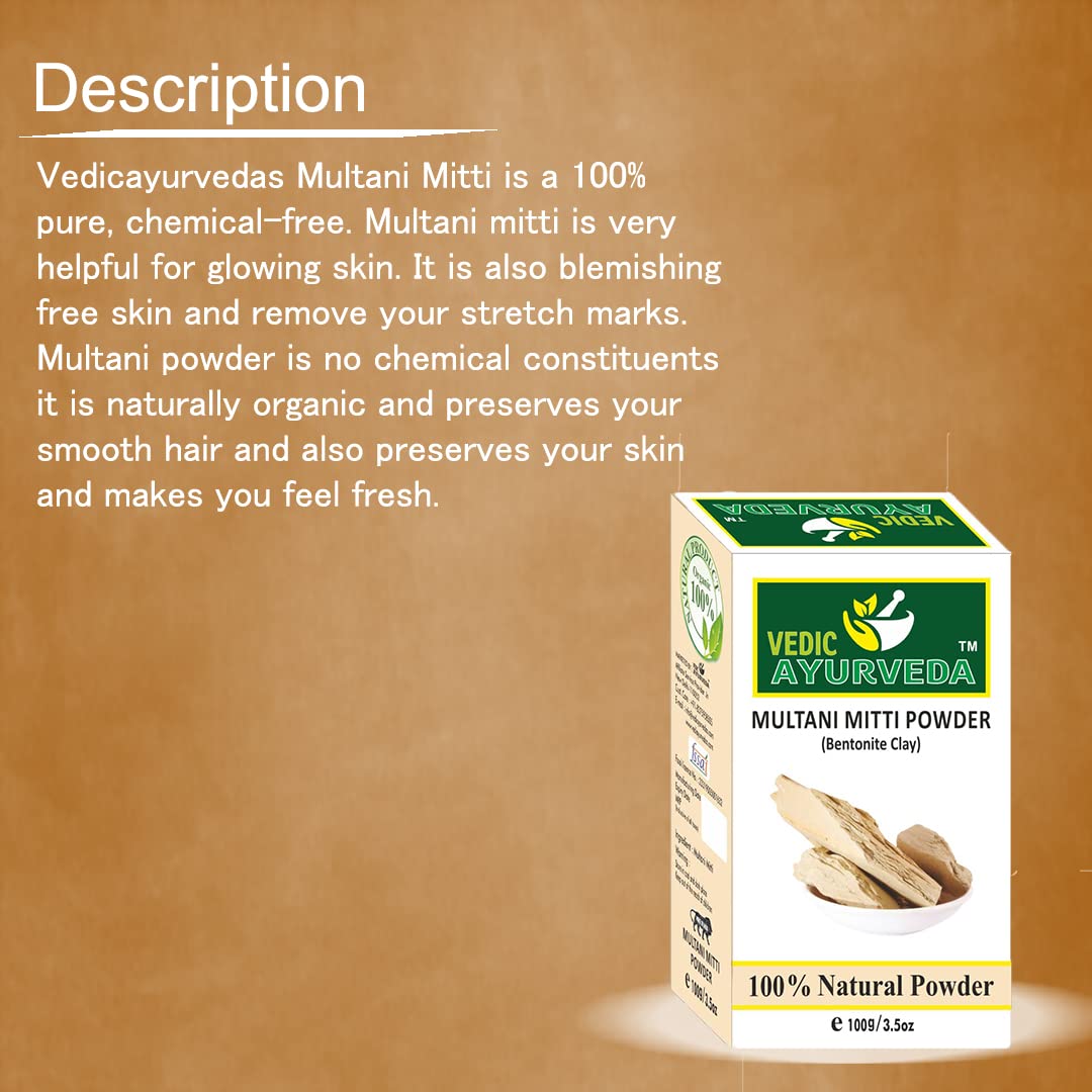 VEDICAYURVEDA 100% Organic Multani Mitti Clay Powder - Deep Facial Cleanser for Skin Brightening, Tan Removal & Glowing Complexion | Natural Face & Hair Mask for Acne, Oily Skin & Detox | Ayurvedic Skincare for Spa & Home Beauty Treatments