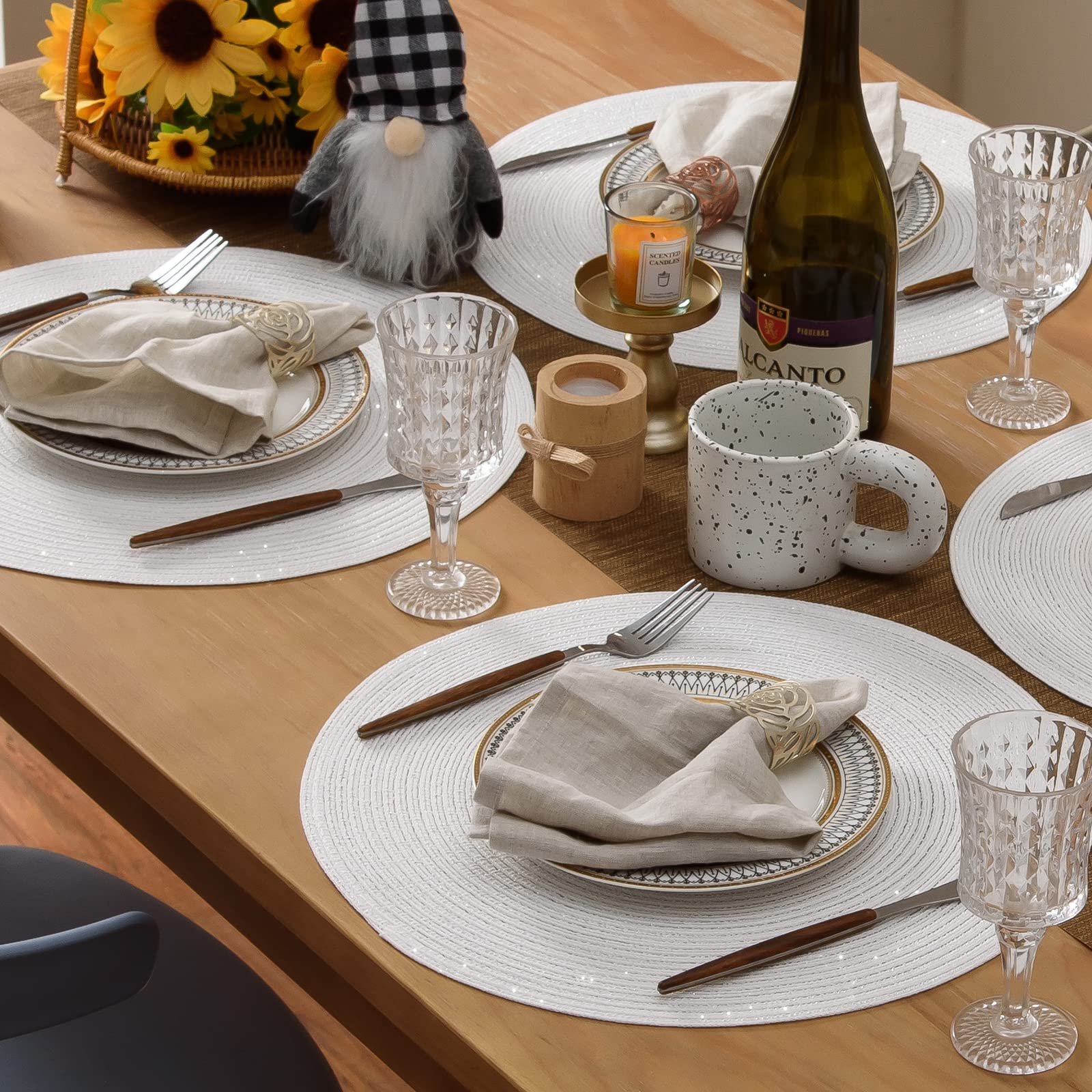 FunWheat Round Placemats Set of 6 - 15 Inch Washable Non-Slip Table Mats for Dining - Wedding Party Decor (White Silver) | Perfect for Everyday Meals, Dinner Parties & Special Occasions