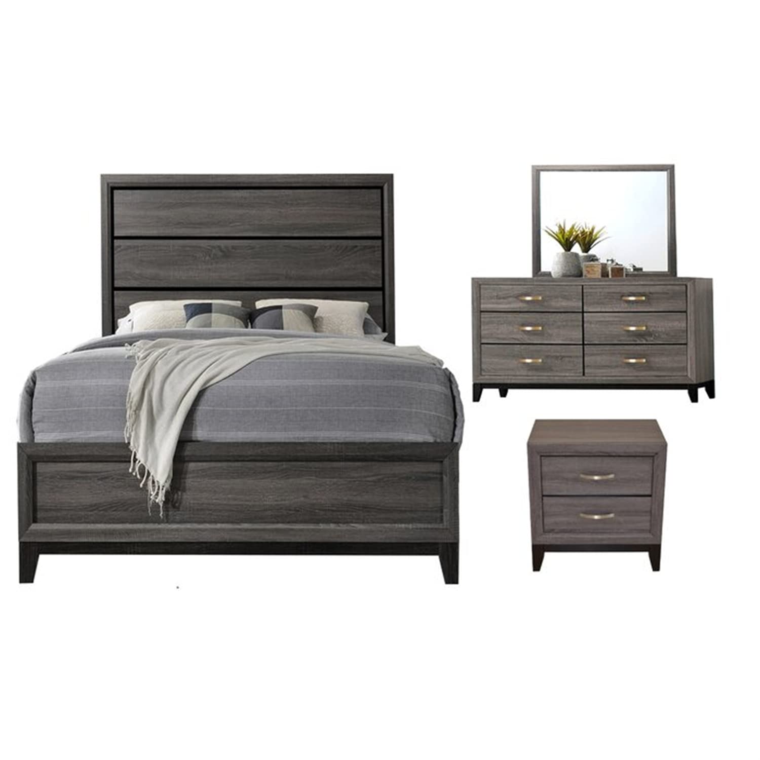 4Pcs Queen Size Solid Wood Bedroom Furniture Set with Headboard & Footboard - Includes Nightstand, Dresser & Mirror in Gray - Perfect for Modern Master Bedroom & Guest Room Decor