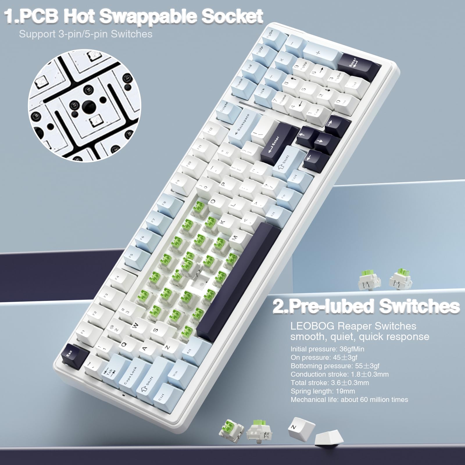 AULA F99 Wireless Mechanical Gaming Keyboard - Hot Swappable Custom Keyboard with Pre-Lubed Linear Switches, Gasket Mount Structure, RGB Backlit for PC/Mac (Blue & White) - Perfect for Gaming, Typing & Office Work