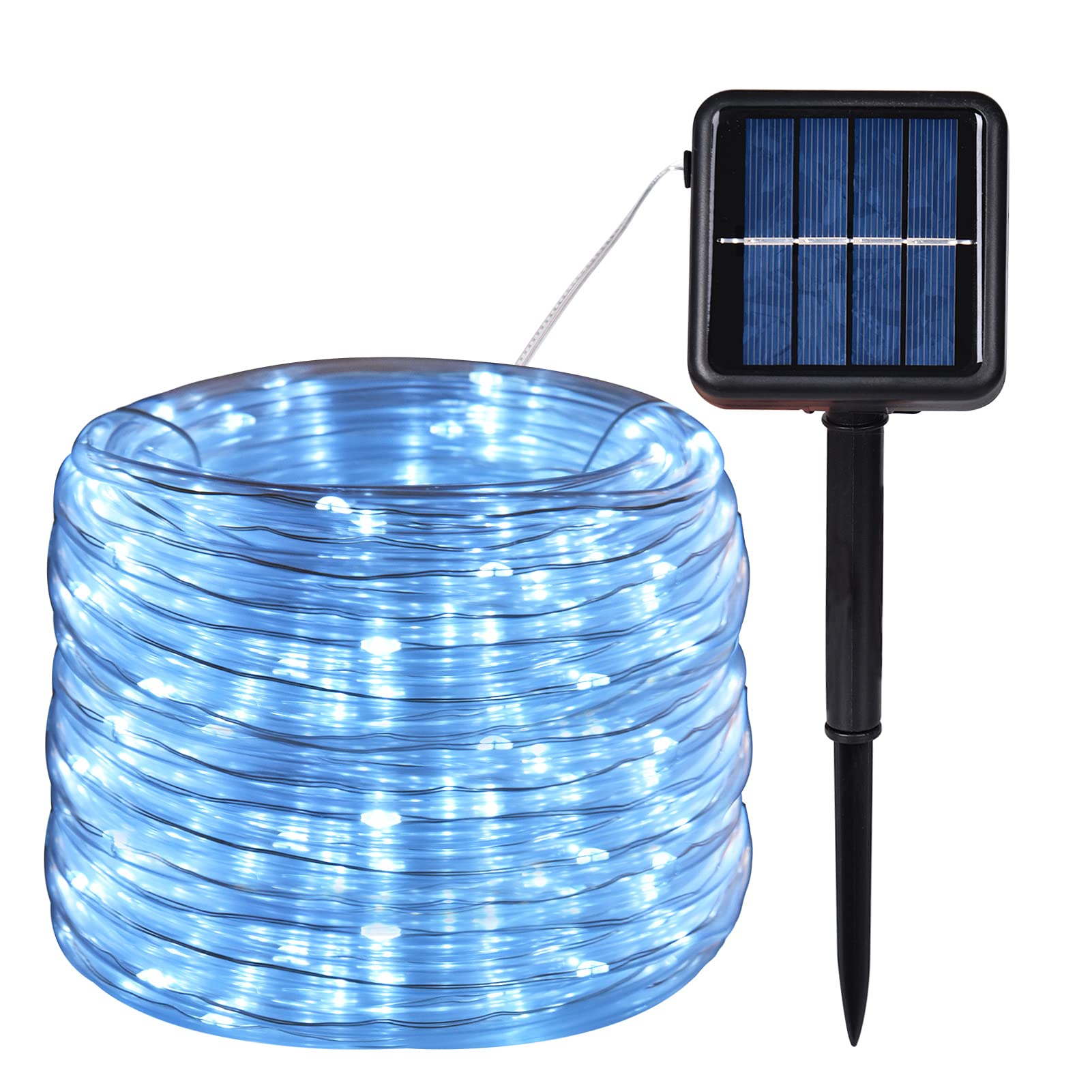 **Solar Powered Outdoor Rope Lights - 100 LED Waterproof Fairy String Lights with Remote (39ft, White) - 8 Lighting Modes for Halloween, Garden, Fence, Patio & Yard Decorations**    *Perfect for creating a magical ambiance during Halloween, garden parties, weddings, or cozy backyard evenings.*