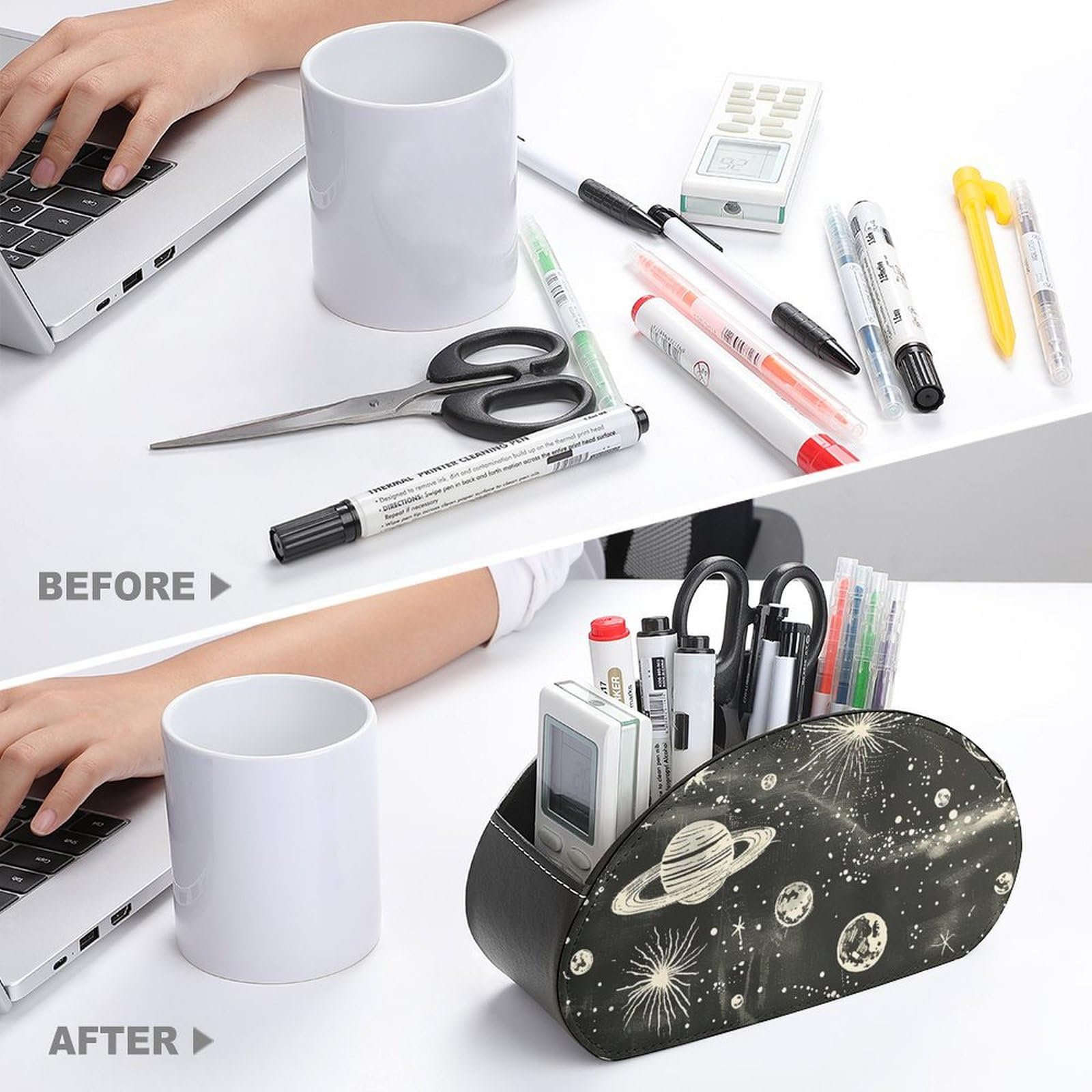 Remote Control Holder with Stars in The Night Print - Desktop Organizer & Cosmetic Storage Box for Remote Controls, Makeup Brushes, Keys & Small Items | Perfect for Living Room, Bedroom & Office Organization