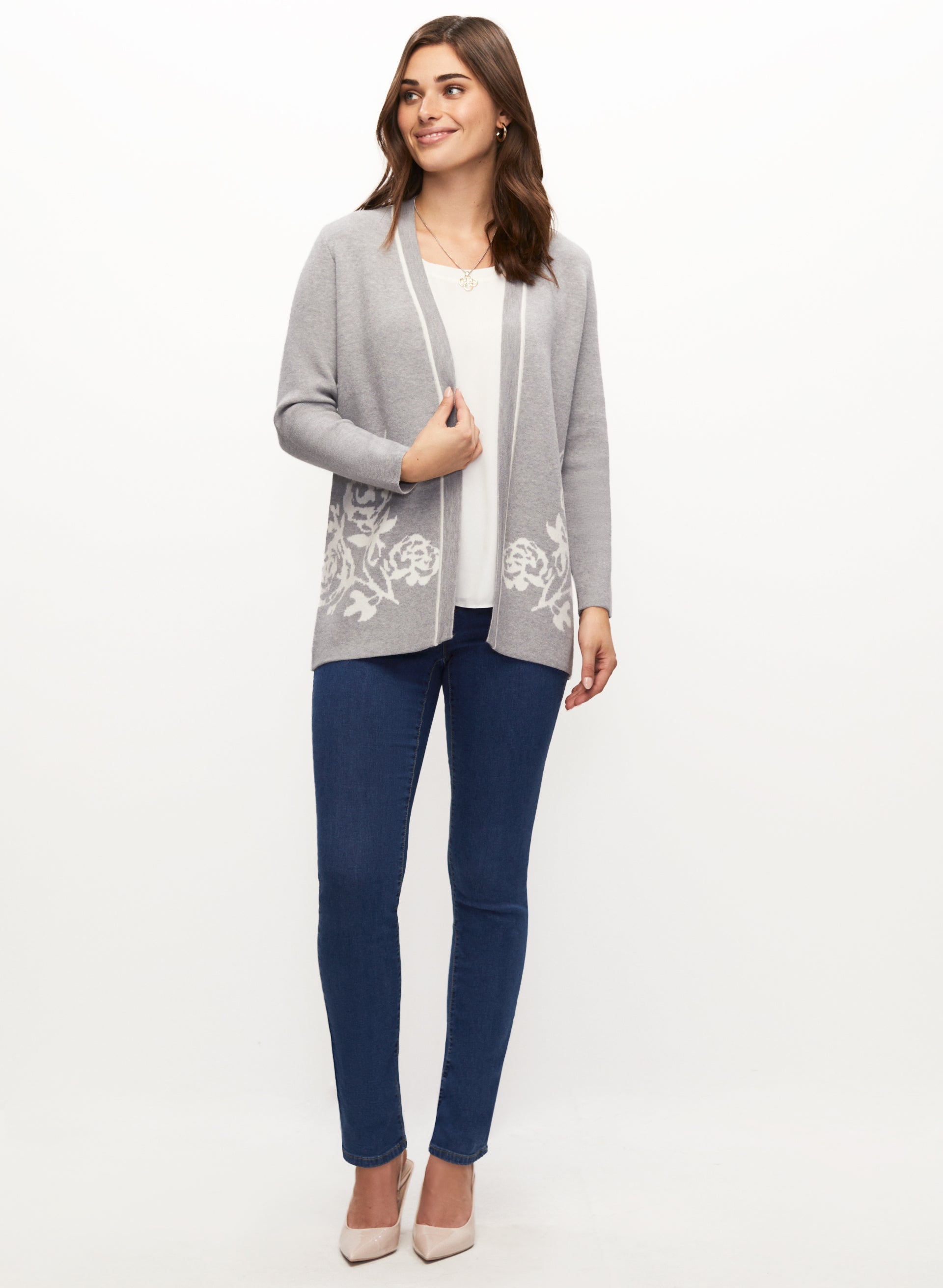 Floral Print Cardigan Sweater & Slim Fit Jeans for Women - Casual Outfit for Spring, Fall, and Date Nights