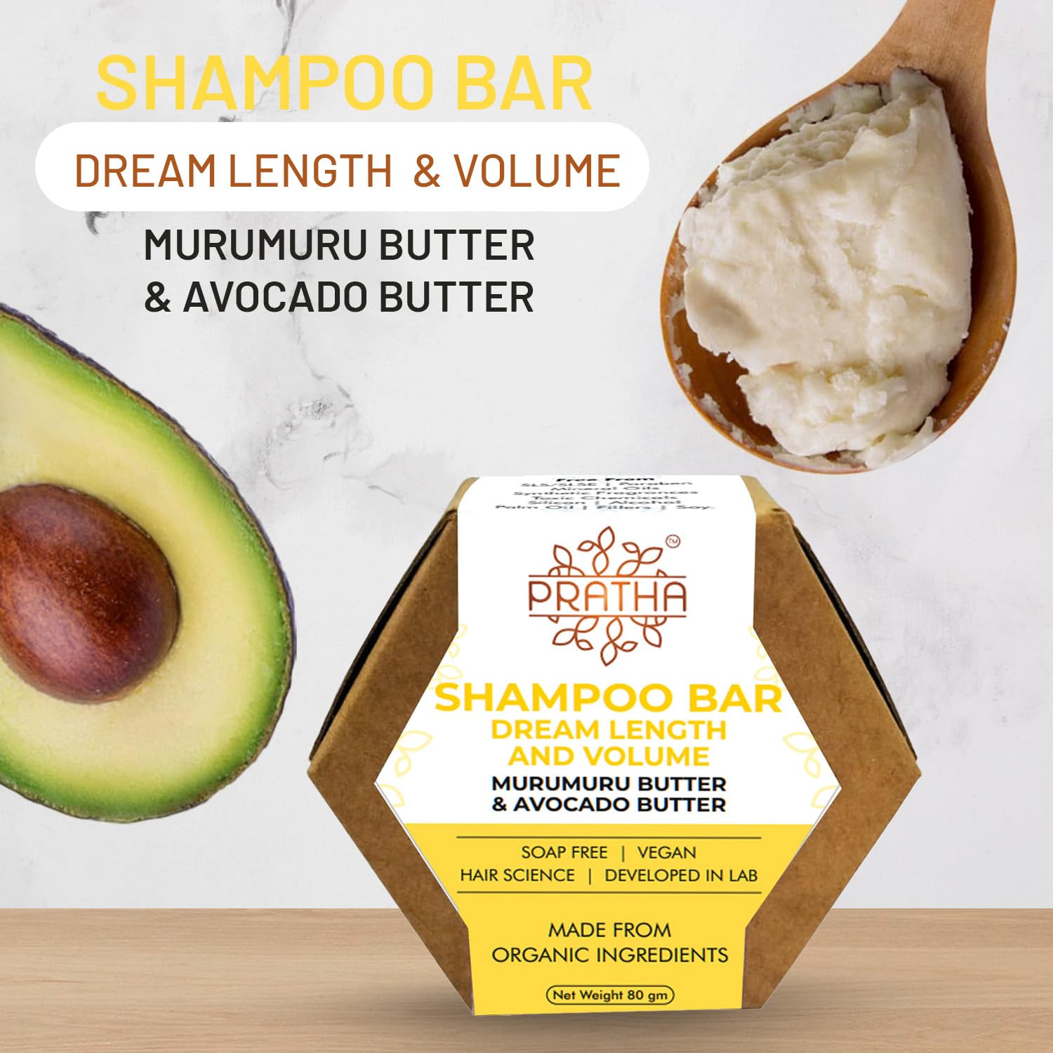 Pratha Natural Shampoo Bar with Murumuru & Avocado Butter - Sulfate-Free, Vegan Hair Care for Dry & Damaged Hair - Perfect for Travel & Eco-Friendly Bathroom