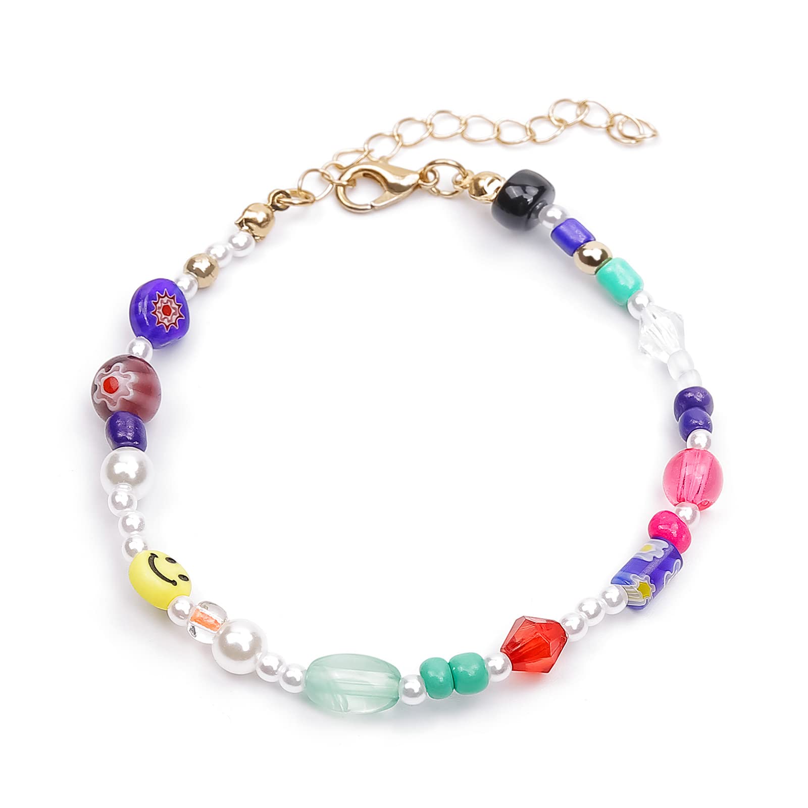Y2K Smiley Face Pearl Beaded Bracelet - 14K Gold Plated Handmade Colorful Beaded Jewelry for Teen Girls & Women | Perfect for Casual Wear, Parties & Gifts