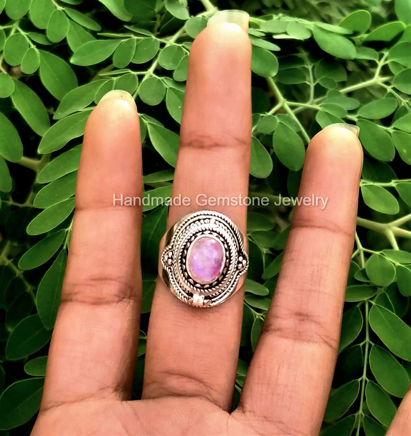 Pink Moonstone Poison Box Ring - Oval Openable Jewelry with June Birthstone, Antique Self-Love Pillbox Ring for Women | Perfect Gift for Birthdays, Witchy Aesthetic & Boho Fashion
