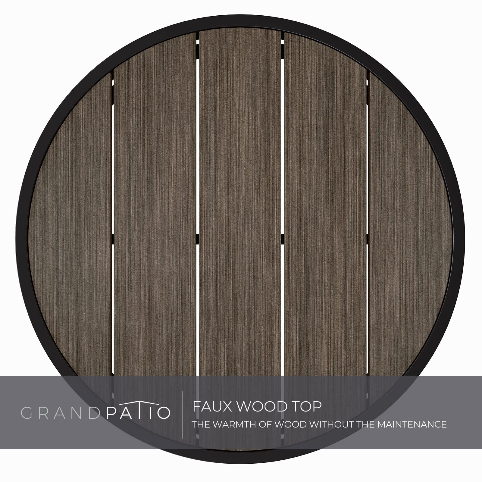 Outdoor Round Side Table with Imitation Wood Tabletop - Dark Grey Patio End Table for Garden, Deck, and Poolside Relaxation
