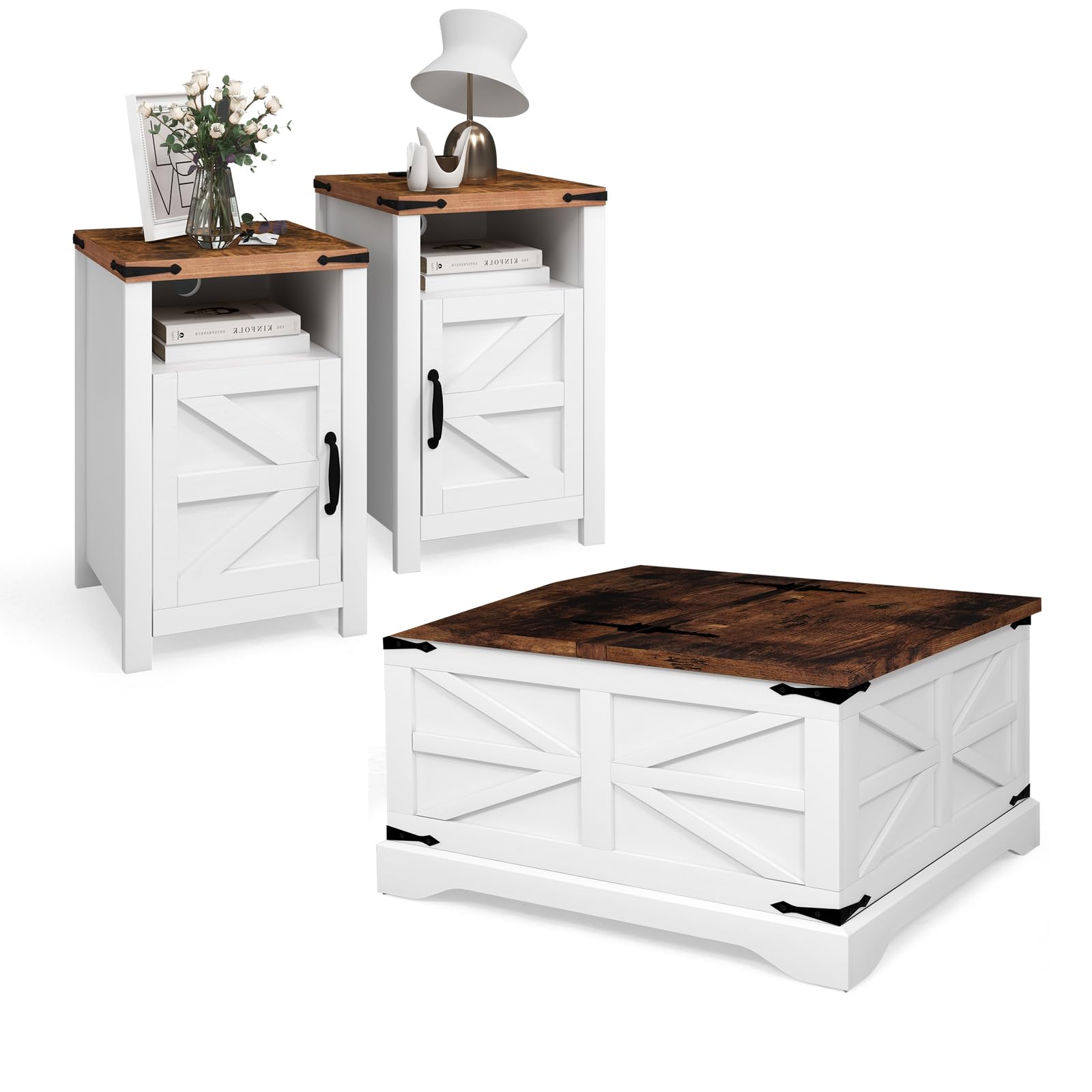 Oneinmil 3-Piece Farmhouse Table Set with 31” Coffee Table & Side Tables - Rustic Storage End Tables for Living Room, Bedroom, or Patio - Vintage White Wooden Furniture Set for Home Decor