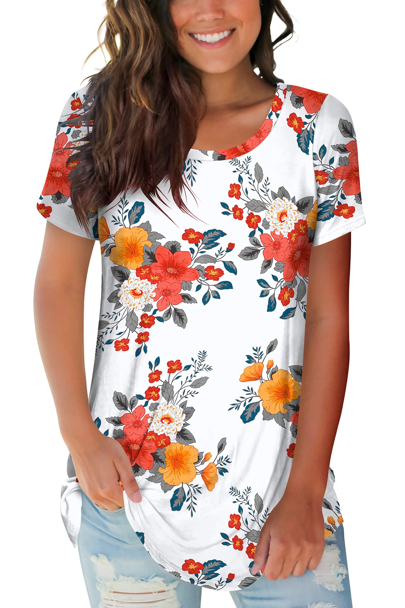 Oustdoze Women's Floral Print Short Sleeve Crewneck Tunic Top - Casual Summer Blouse for Plus Size Ladies - Perfect for Beach Outings, Date Nights & Weekend Wear