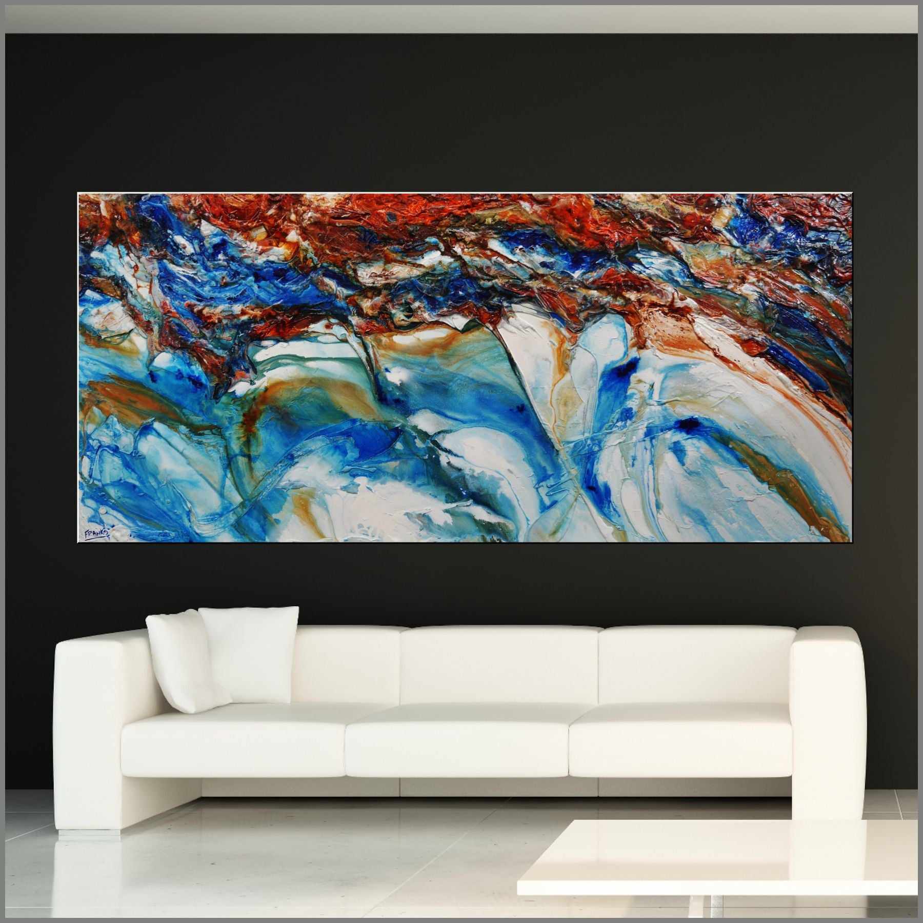 Coastal Heart 270cm x 120cm Blue Orange White Textured Abstract Canvas Art - Perfect for Living Room, Bedroom & Office Wall Decor