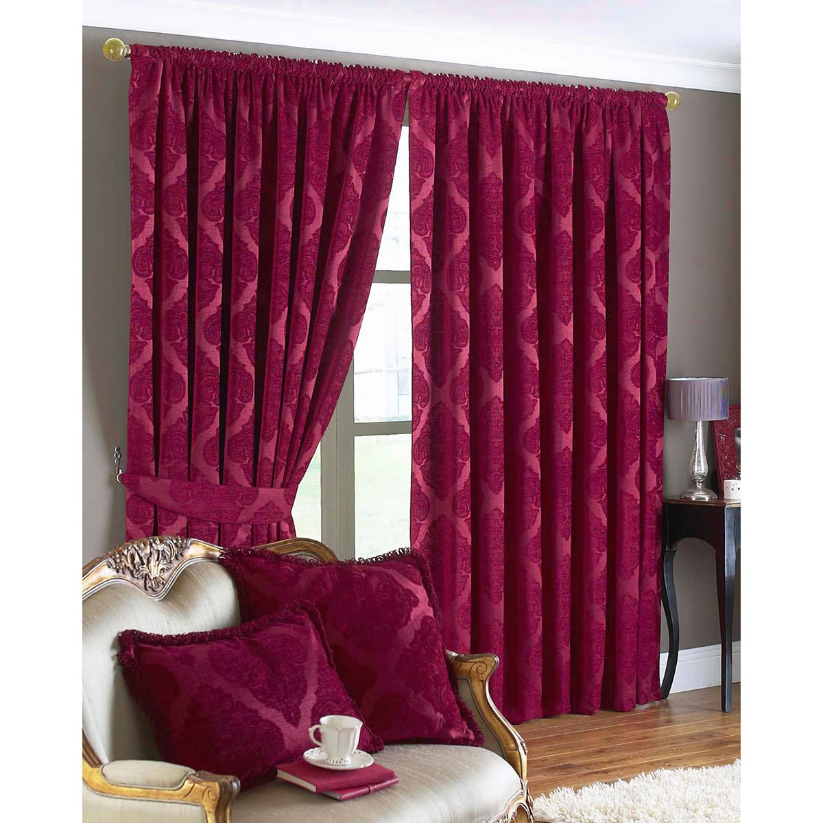 Winchester Pencil Pleat Curtains 66x72 Inches - Raspberry Red Blackout Window Drapes for Living Room & Bedroom