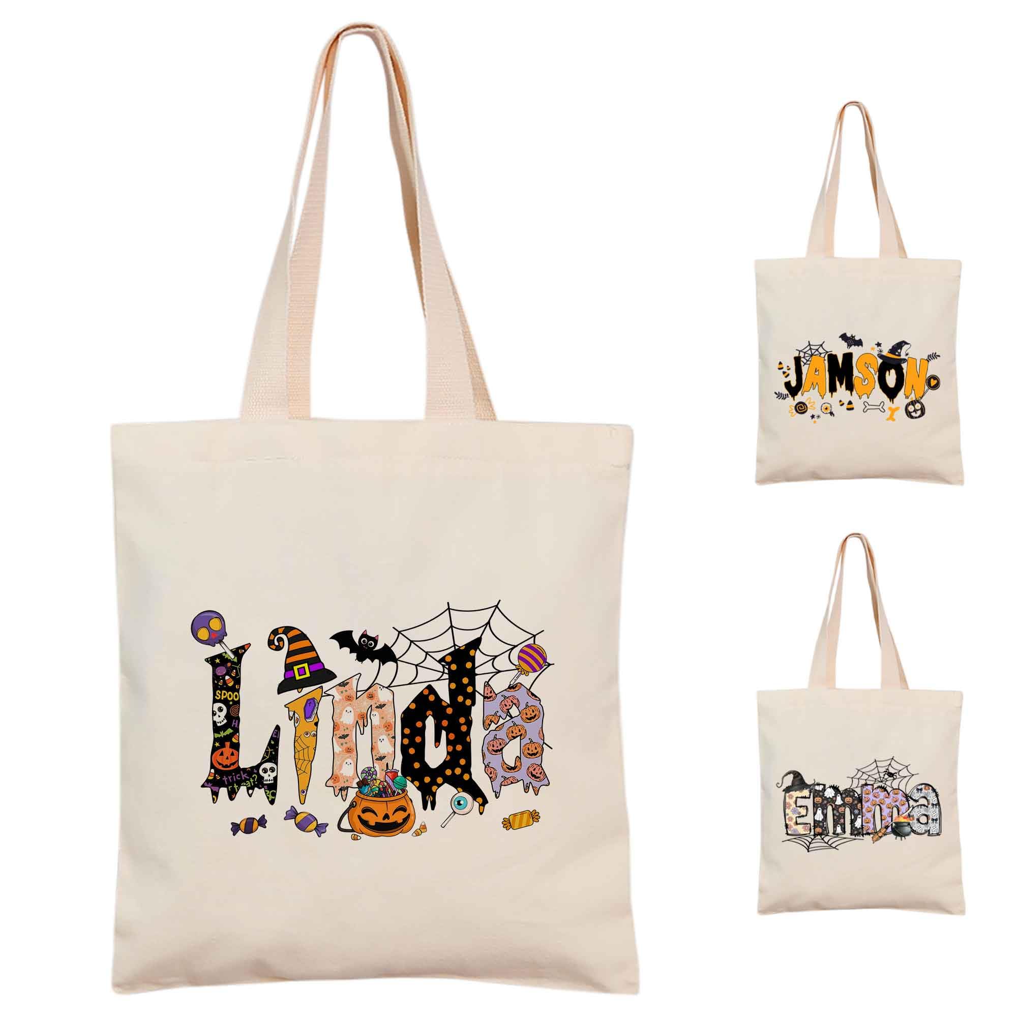Custom Halloween Trick or Treat Bags with Names - 3 Font Styles 15x16 Inch Personalized Tote Bags for Women & Kids, Witch-Themed Halloween Party Favors, Trick-or-Treating, Costume Accessories & Spooky Decorations