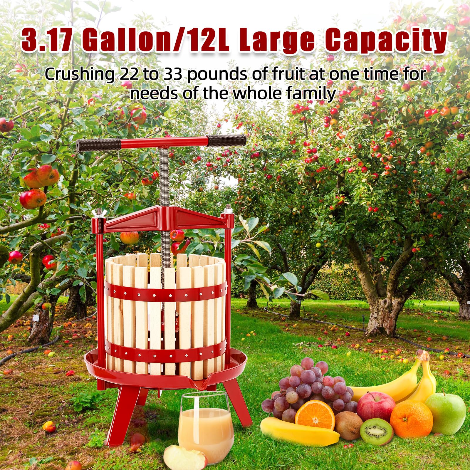 Towallmark 3.17 Gallon Manual Fruit Wine Press - Heavy Duty Wooden Cider & Grape Crusher with Stable Triangular Base & T-Handle - Perfect for Home Brewing, Apple Pressing, Winemaking - Great for Kitchen, Outdoor, and DIY Wine Making Projects