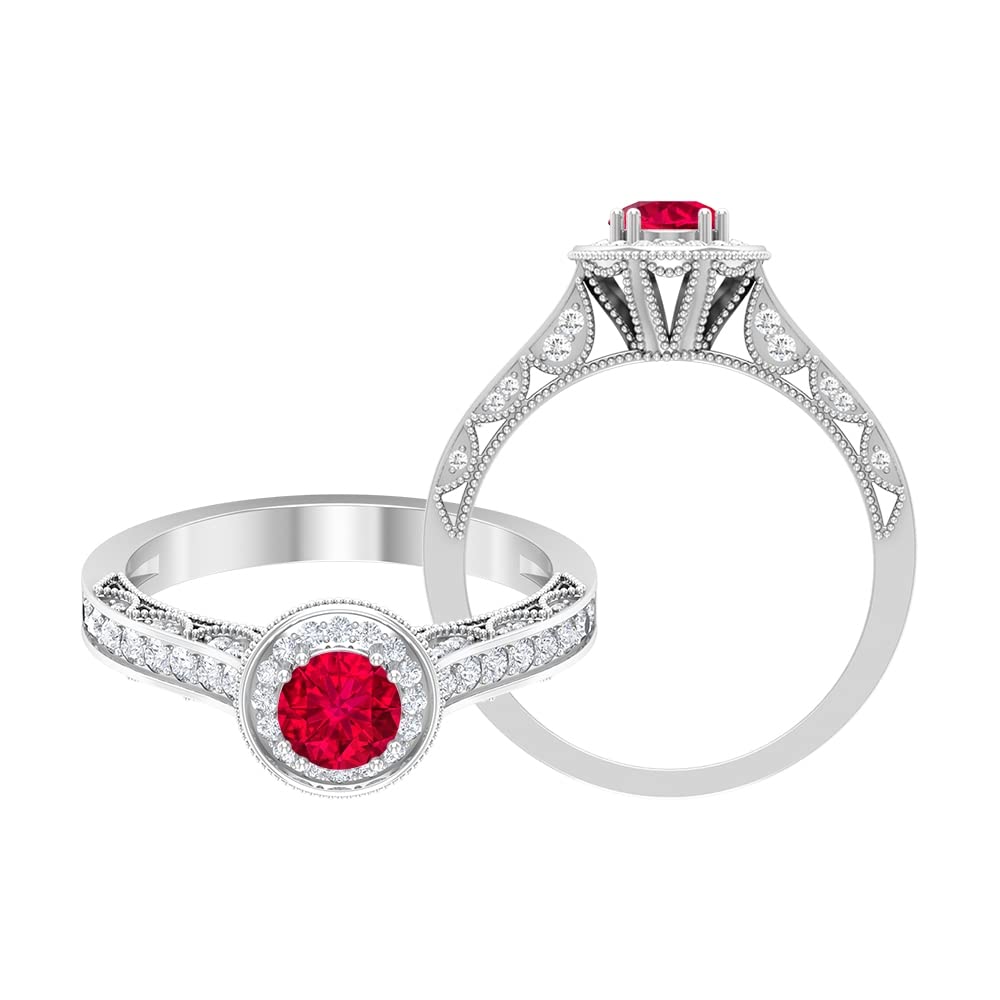 1.50 CT Minimal Ruby and Diamond Ring - 14K Solid Gold Ruby Crown Engagement Ring with Milgrain Detailing (5mm Round Cut) | Perfect for Proposals, Anniversaries & Special Occasions