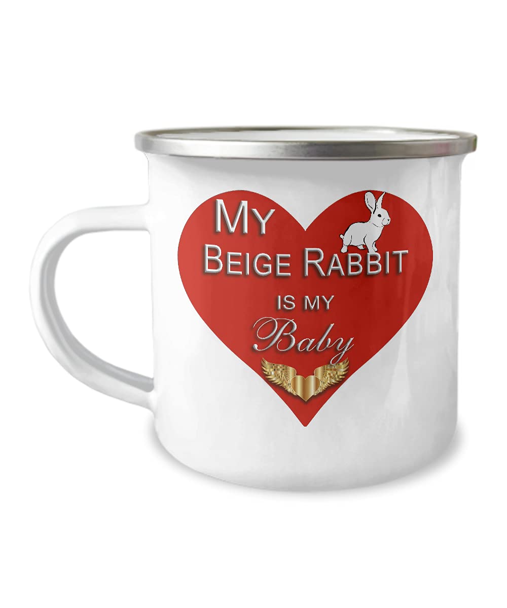 Beige Bunny Pet Accessories for Rabbit Owners - My Rabbit Is My Baby Gold Heart Design - 12oz Enameled Stainless Steel Travel Mug for Coffee, Tea & Hot Chocolate - Perfect Gift for Pet Lovers, Mom & Dad