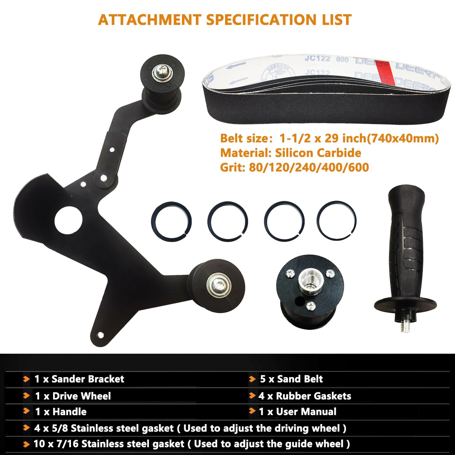 Angle Grinder Belt Sander Adapter - 5/8-11 Thread Pipe & Tube Sanding Attachment - 5pc Silicon Carbide Sand Belts - Professional Metal Polishing & Woodworking Tool for Rust Removal - Perfect for DIY Projects, Automotive Repair & Furniture Refinishing