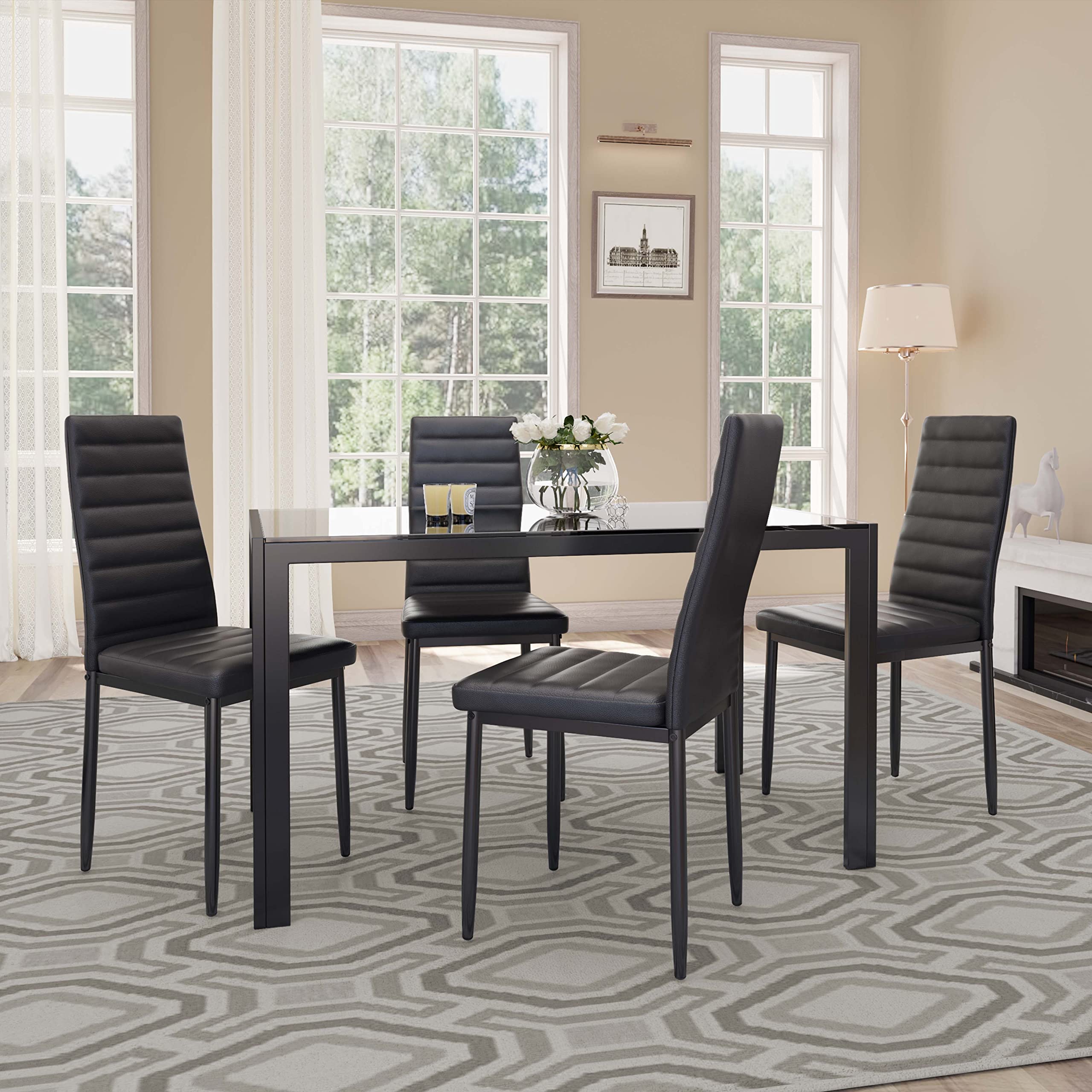 Gizoon 5-Piece Modern Glass Dining Table Set with PU Leather Chairs for 4, Perfect for Home, Kitchen, and Living Room Spaces | Ideal for Small Apartments and Family Gatherings