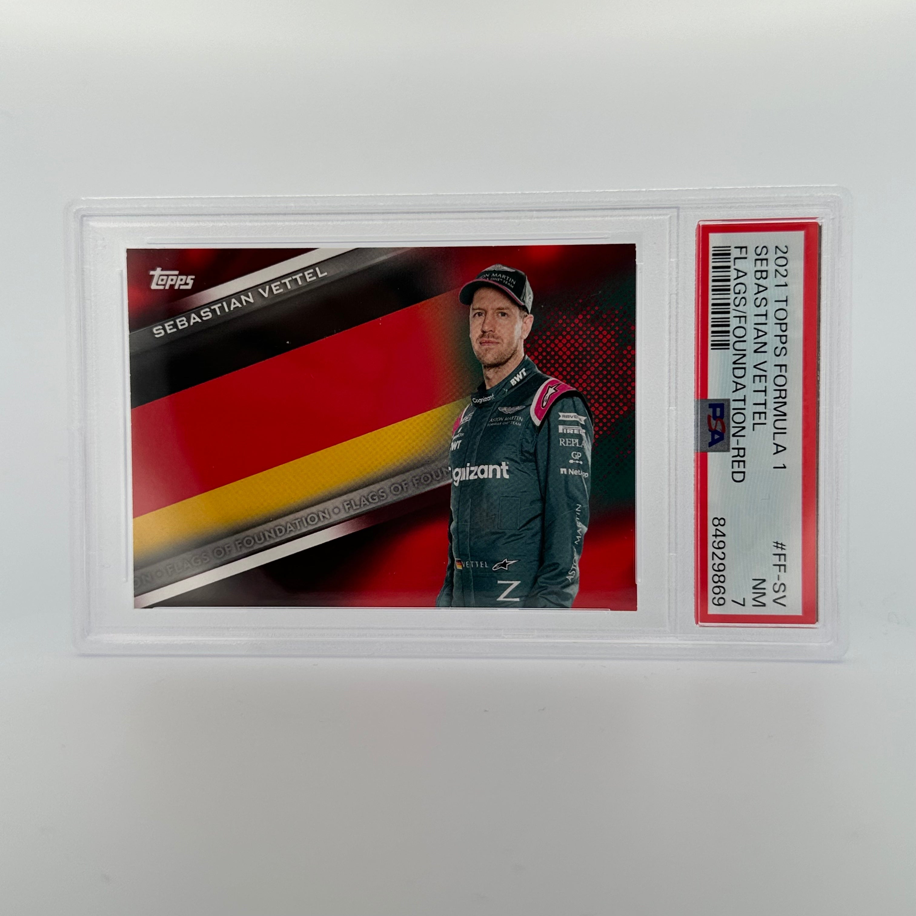PSA 7 Sebastian Vettel #FF SV Flags Of Foundation Red - Rare F1 Racing Collectible Card for Fans & Memorabilia Enthusiasts