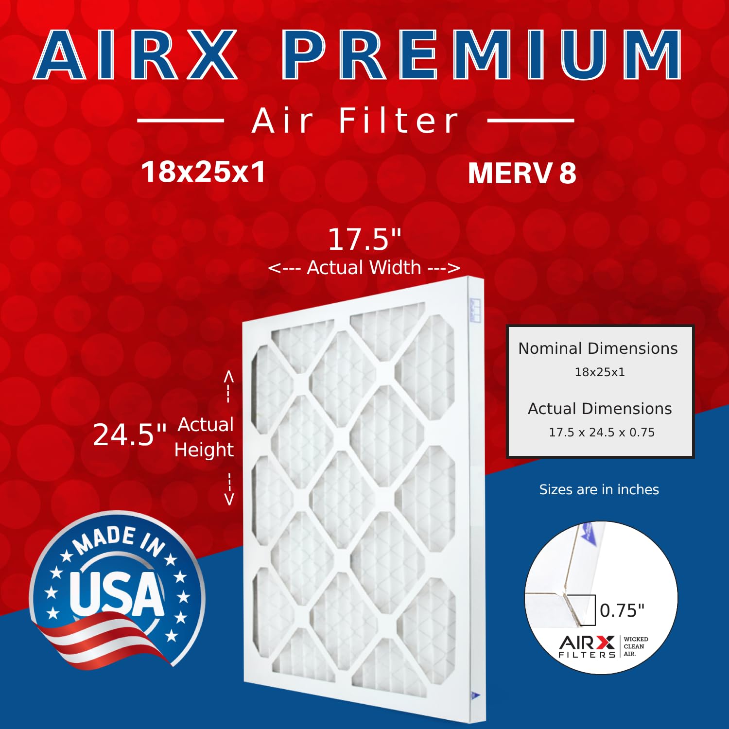AIRX FILTERS WICKED CLEAN AIR - 18x25x1 MERV 8 Electrostatic Pleated HVAC Air Filters (6 Pack) for AC, Furnace & Home Air Purification - Perfect for Allergies, Dust & Pet Dander Removal