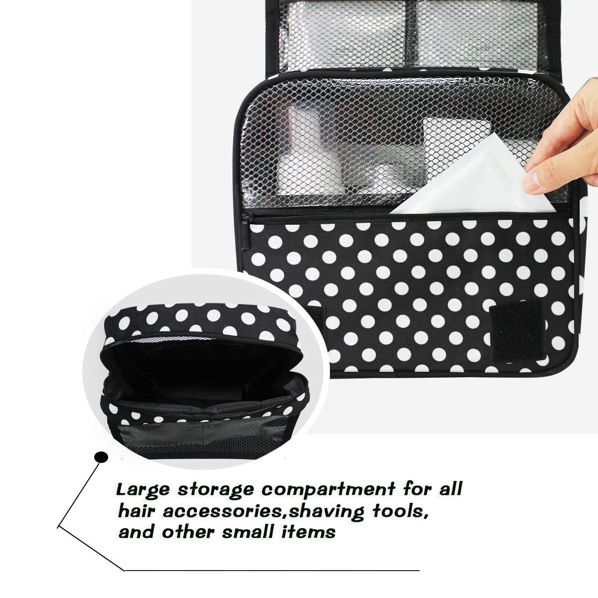 AGONA Hanging Toiletry Bag for Women & Men - Black White Polka Dot Travel Cosmetic Organizer with Sturdy Hook | Portable Makeup Pouch for Bathroom, Gym, Camping & Vacation Essentials Storage