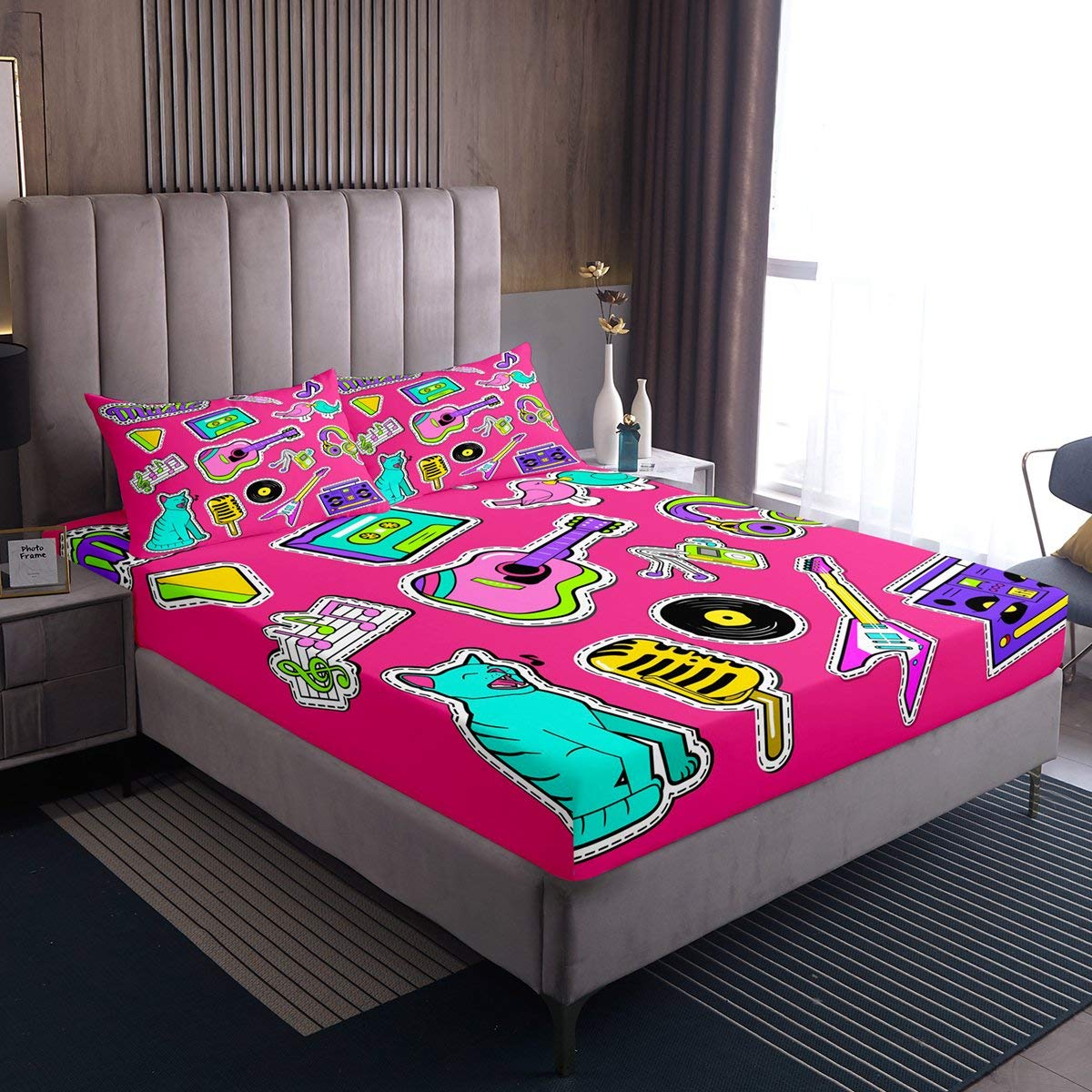 Stylish Guitar & Piano Music Theme Bed Sheet Set for Kids - 3Pcs Full Size Bedding with Fitted Sheet & 2 Pillowcases - Perfect for Boys & Girls Bedrooms, Music Lovers & Themed Decor - Soft & Durable Microphone & Headset Musical Instruments Design