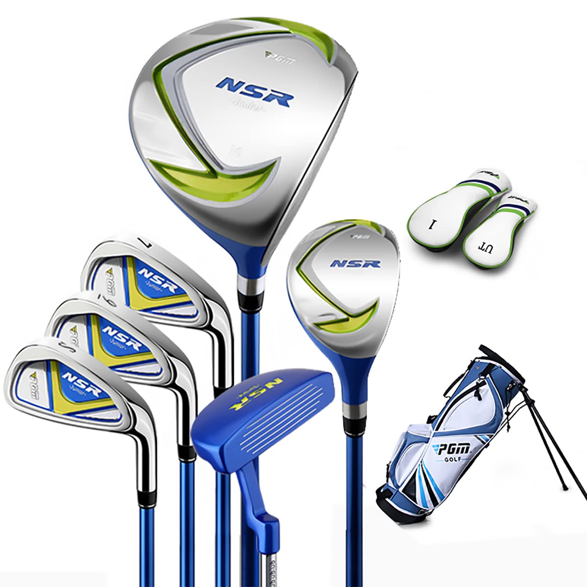 **PGM Junior Golf Club Set for Kids - Right Handed 6-Piece Youth Golf Clubs with Driver, Hybrid, 7 & 9 Irons, Wedge, Putter & Stand Bag (Includes 2 Headcovers) - Perfect for Boys & Girls Learning Golf at Home, School, or Driving Range**