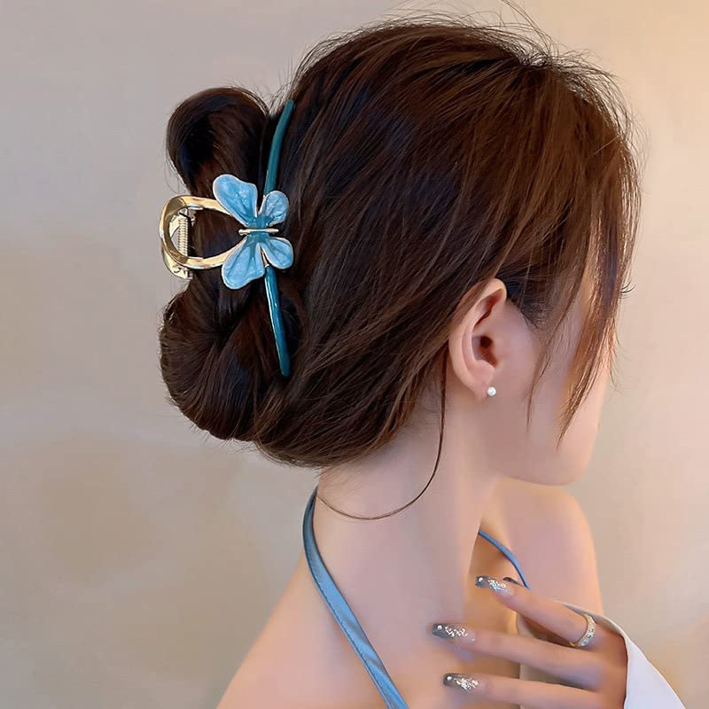 Evolluxi® Large Non-Slip Metal Lily Hair Claw Clip - Gold Floral Design for Thick Long Hair | Women's Hair Accessories | Perfect for Everyday Wear, Parties, and Special Occasions (Winter Blue)