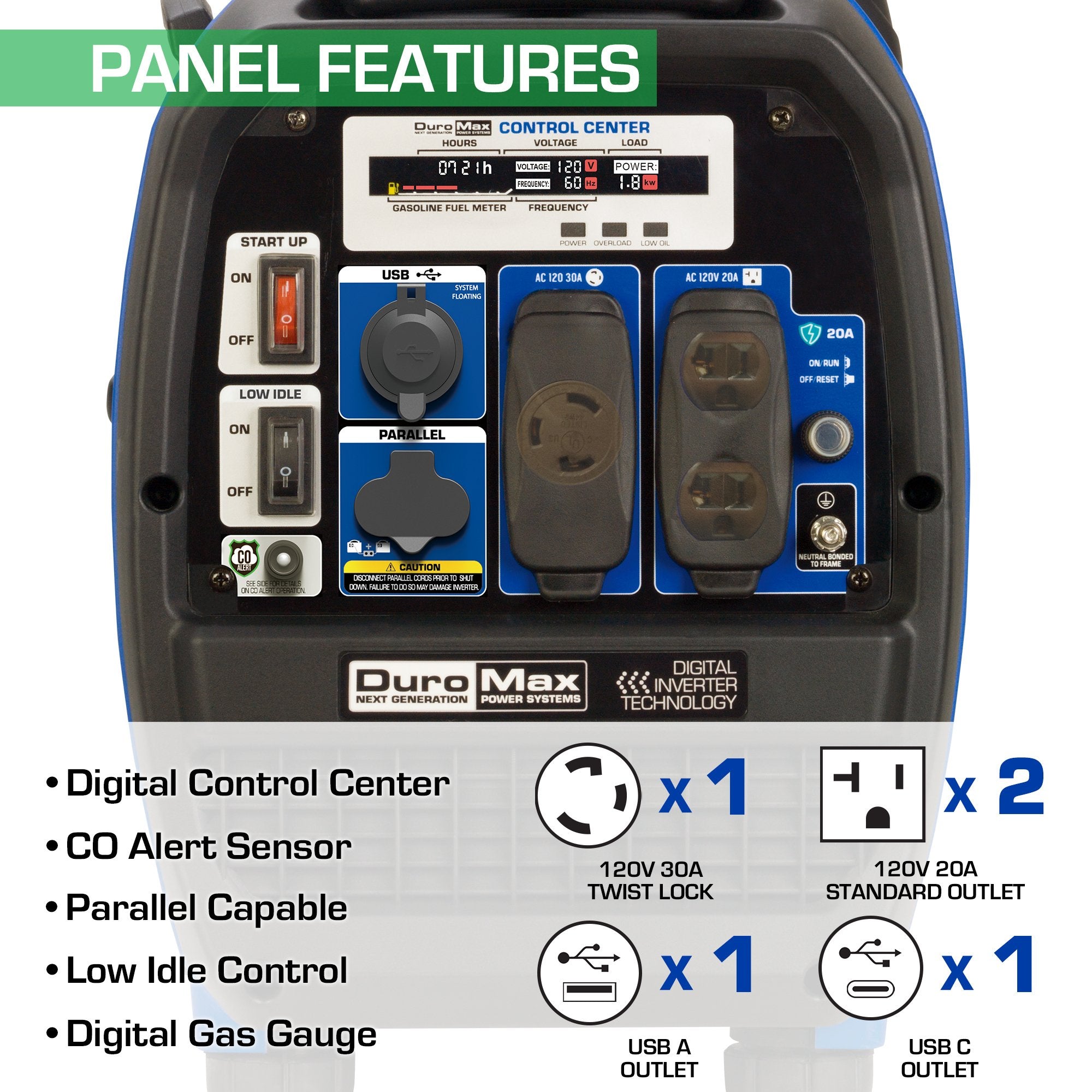DuroMax XP2300IH 1800W/2300W 80cc CO Alert Dual Fuel Inverter Generator - Portable Power for Camping, RV Trips & Emergency Backup