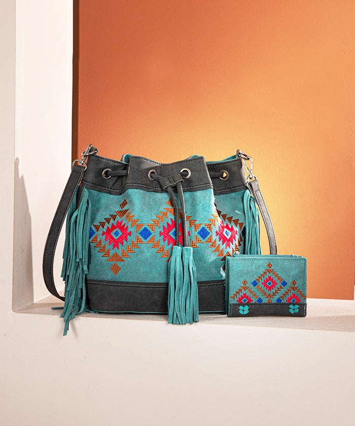 Montana West Aztec Fringe Bucket Bag Set for Women - Stylish Leather Crossbody Purse with Adjustable Strap, Perfect for Travel, Shopping & Everyday Use
