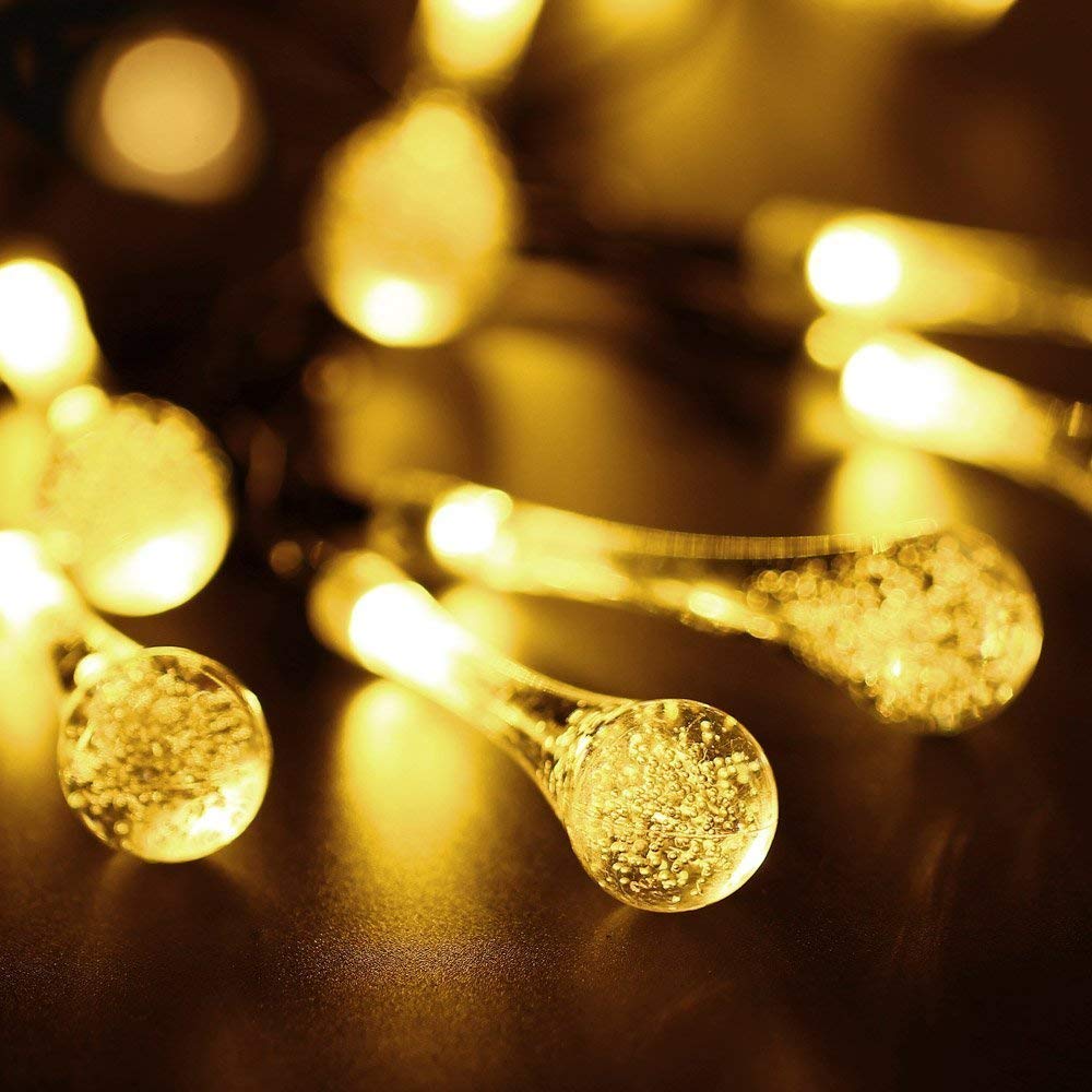 WONFAST 20ft 30 LED Solar Outdoor String Lights - Waterproof Crystal Water Drop Fairy Lights for Garden, Patio, Wedding & Christmas Decor (Warm White) | Perfect for Backyard, Party, Holiday & Outdoor Lighting