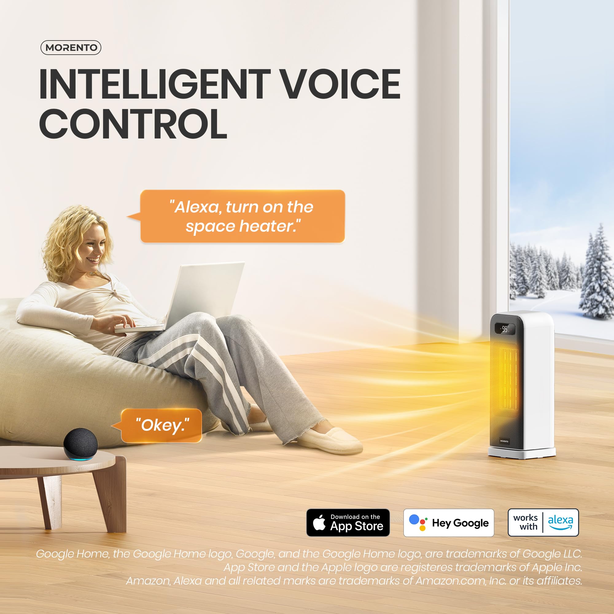 MORENTO Smart WiFi Space Heater with Voice Control, 1500W Portable Electric Heater with Thermostat & 12H Timer, Quiet Indoor Heater for Office, Bedroom, Home - Perfect for Winter Warmth & Energy Saving (White)