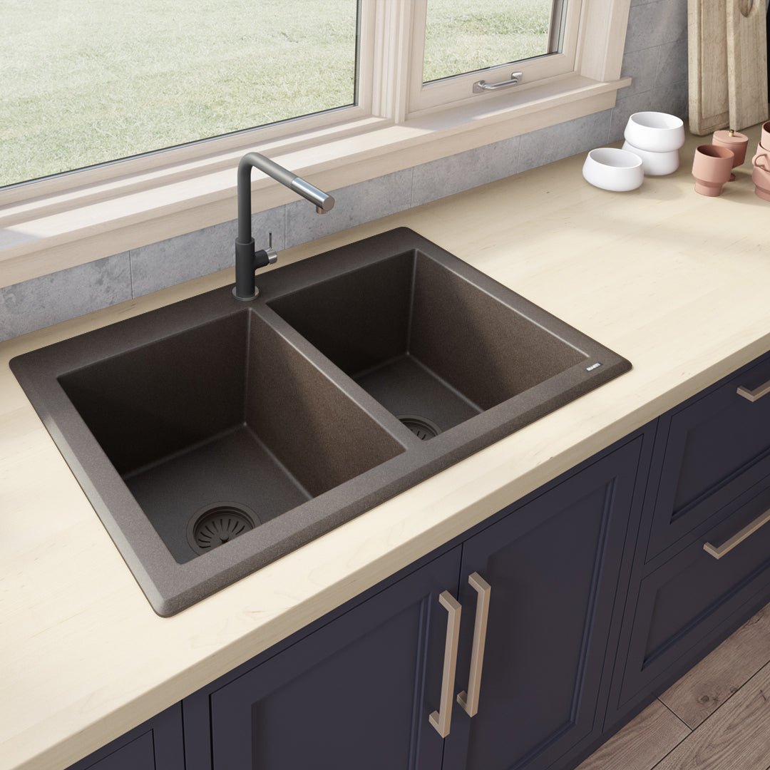 33 x 22 Inch Dual Mount Granite Composite Double Bowl Kitchen Sink - Perfect for Modern Farmhouse, RV, and Small Space Kitchen Remodels