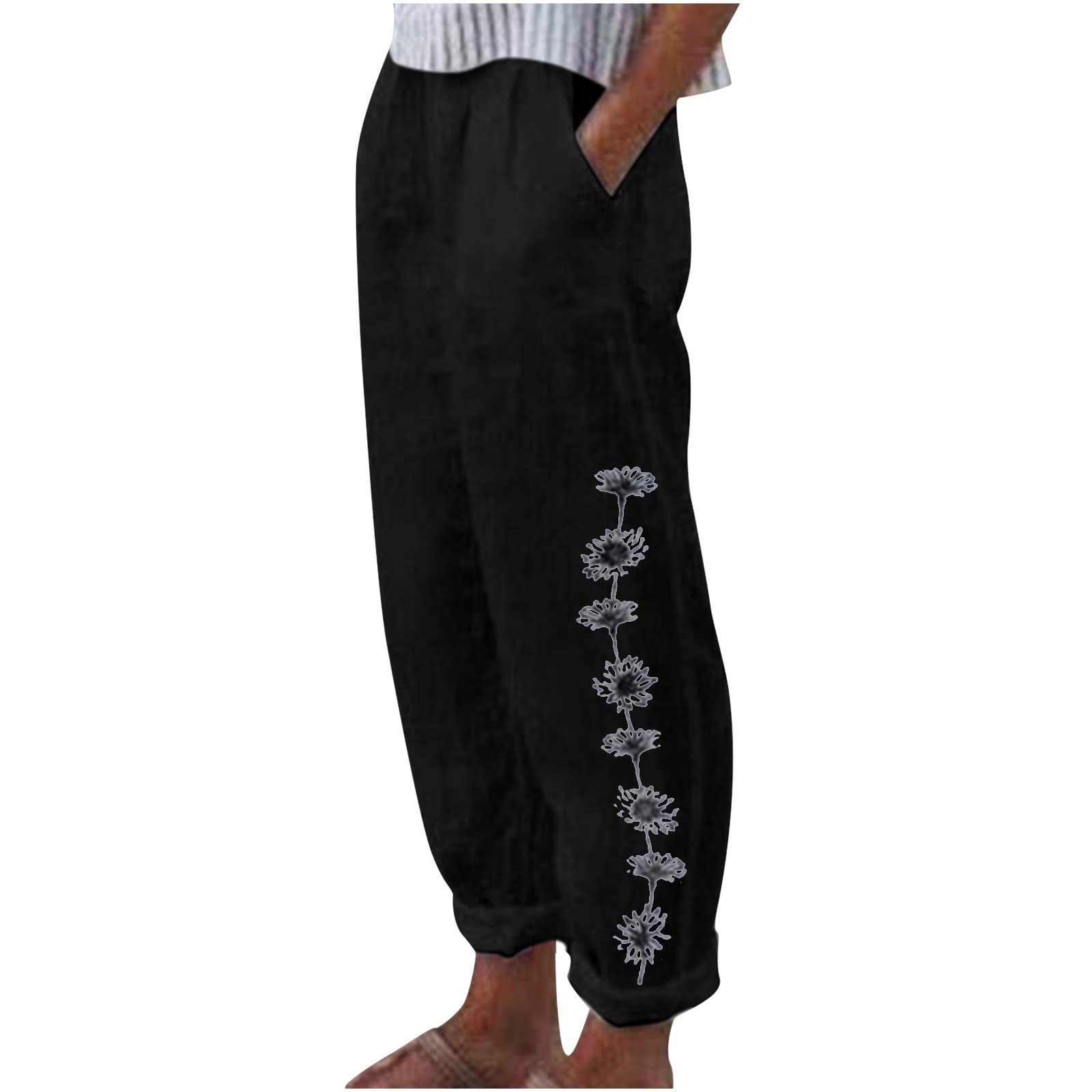 SHENGXINY Women's Summer Cargo Pants - Loose Fit Cotton Linen Printed Trousers with Pockets | Casual Long Pants for Outdoor, Travel & Work
