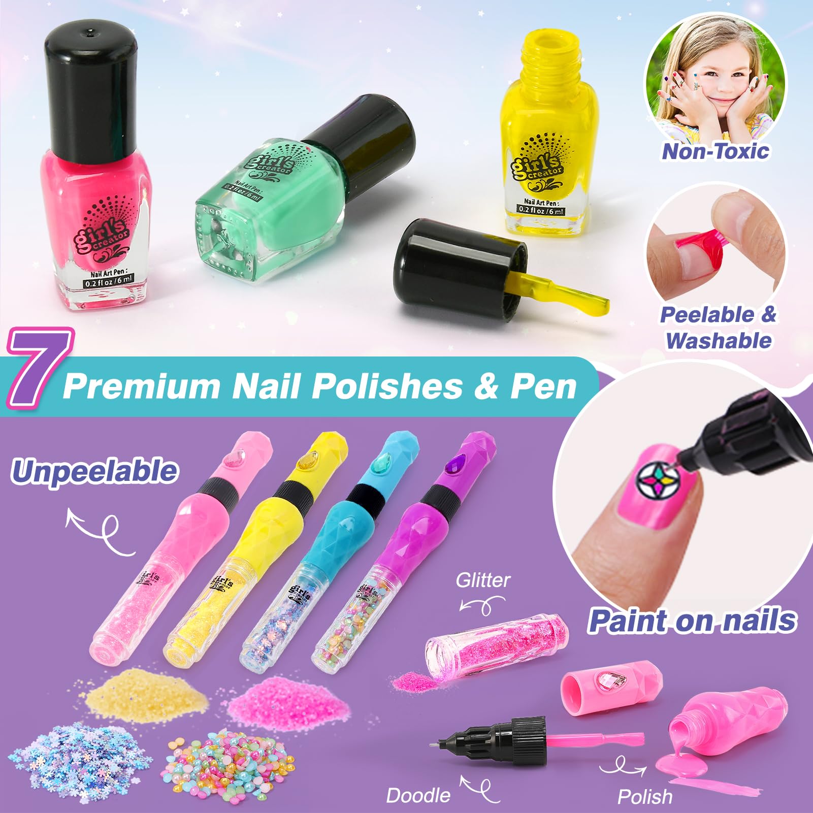 Non-Toxic Kids Nail Polish Set for Girls Ages 4-13 - 4 Nail Art Pens, Mini Nail Dryer, 3 Polish Colors, 2 Storage Bases, Stickers & Glitter Powder - Birthday Gift & Salon Toy Kit for Pretend Play & Creative Nail Art Designs