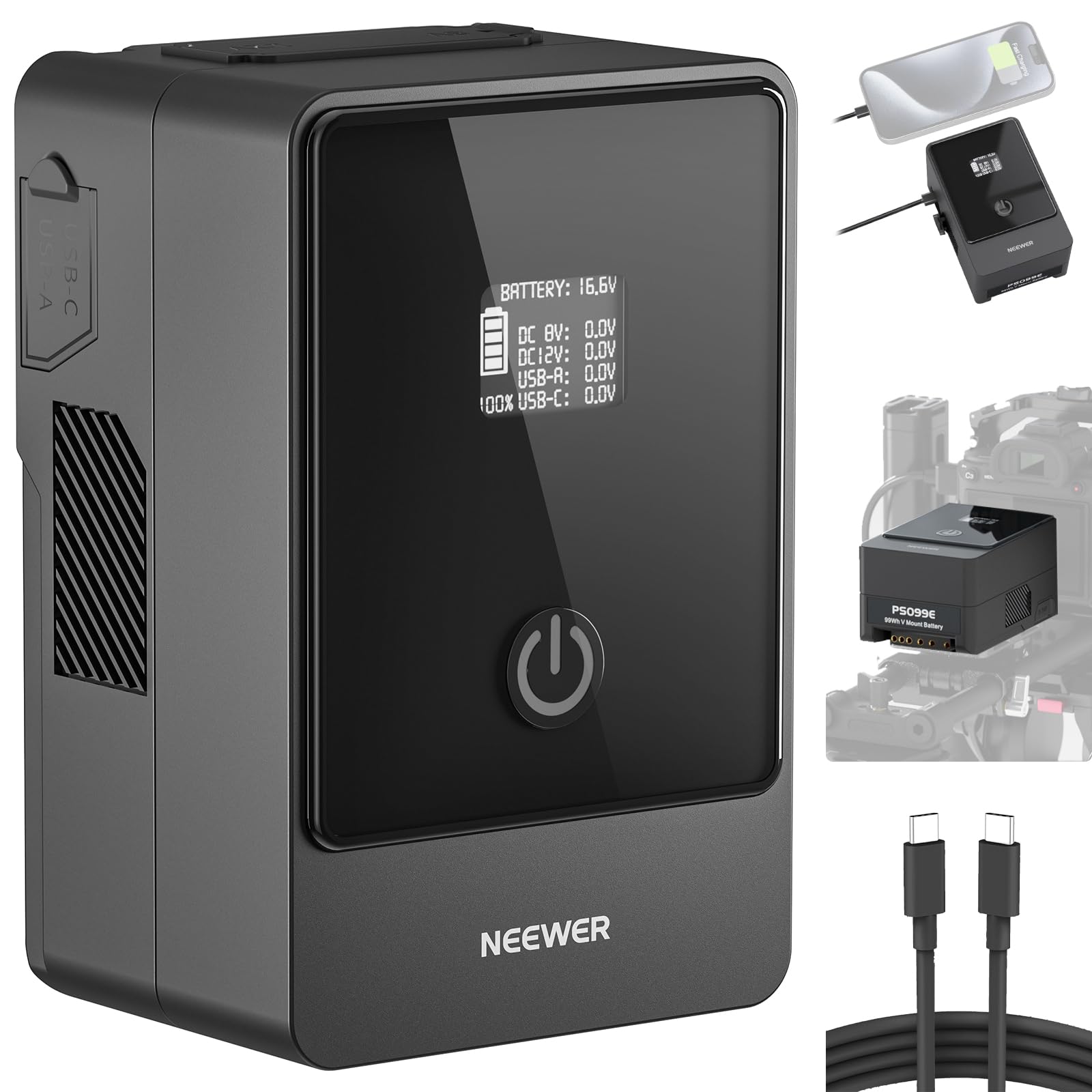 NEEWER PS099E V Mount Battery 6800mAh 99Wh with OLED Display - 14.5V Mini V Lock Battery with 65W PD USB-C Fast Charging, D-Tap/BP/USB-A/DC Output - Power Supply for DSLR Camera, Video Monitor, Camcorder & Filmmaking Equipment | Perfect for On-Location Shooting, Studio Production & Outdoor Videography